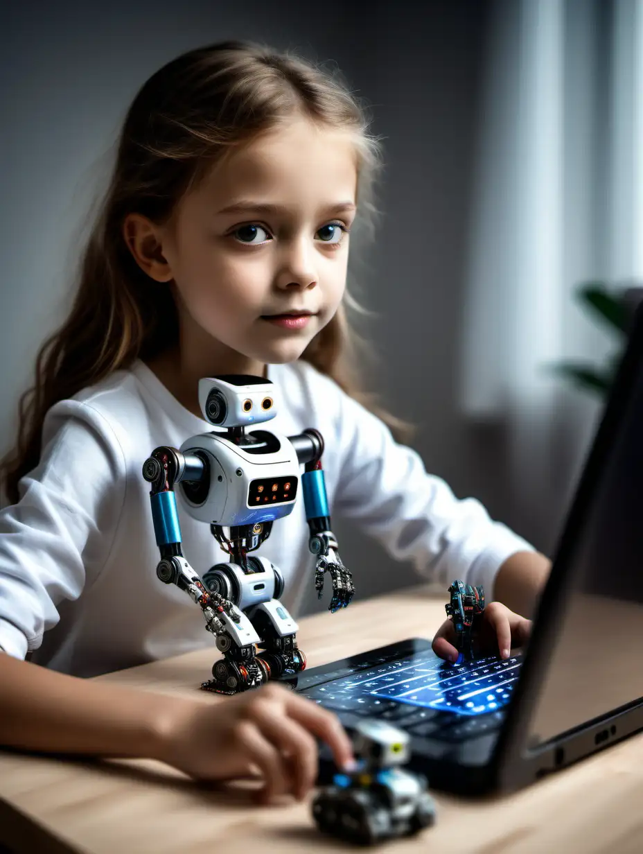 A realistic photo of a girl of 7 years old who is programming her robot
