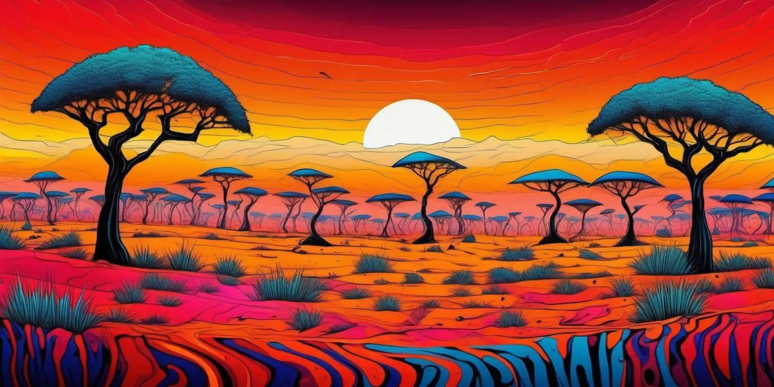 a surreal African landscape; vibrant colors
