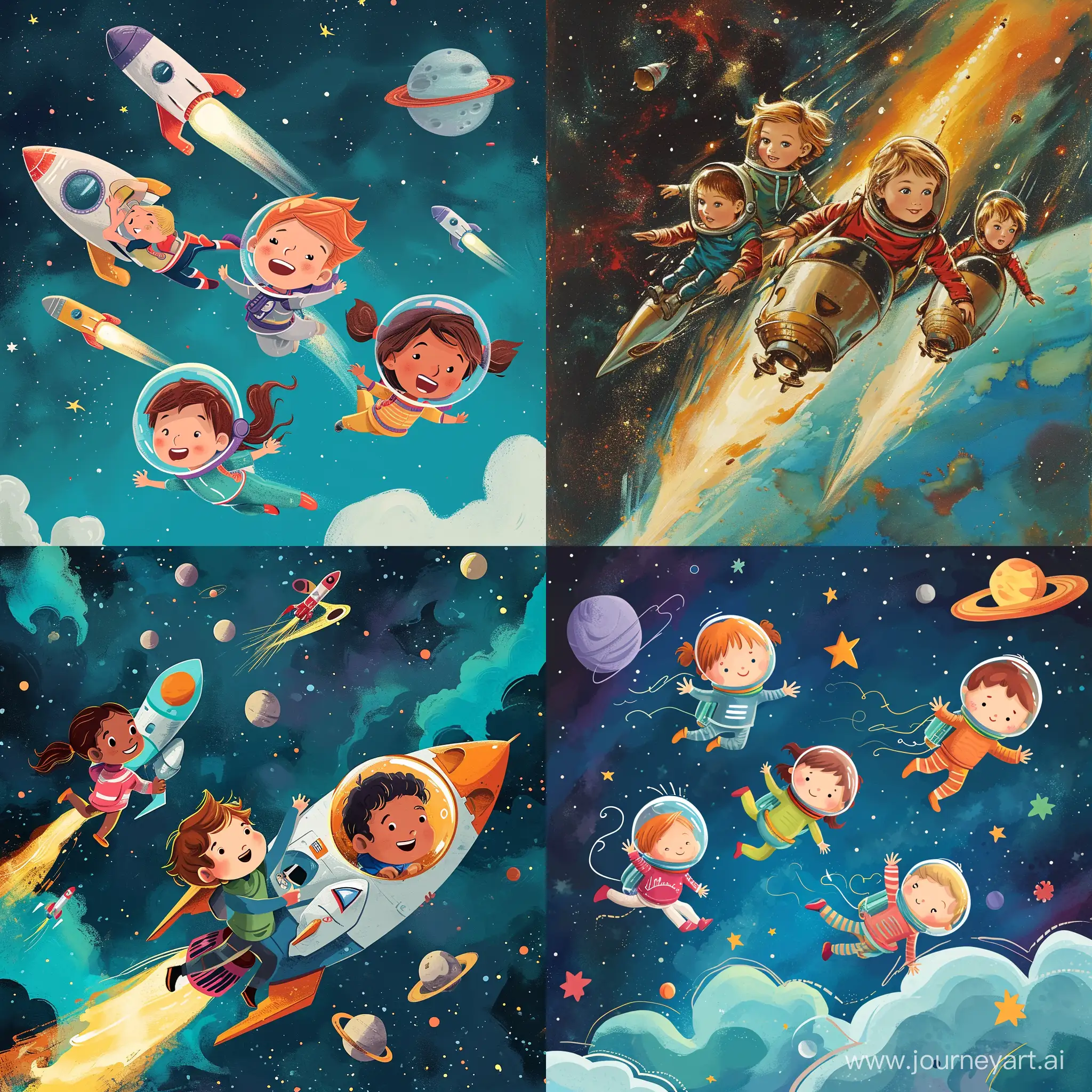 Children flying in space children illustration for book