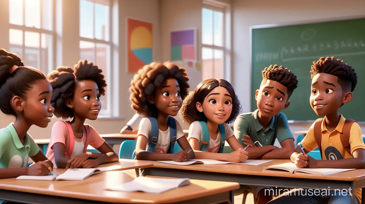 create an image of 8th-grade African-American students in small groups having a brief discussion spread out in the classroom.  Disney- Pixar style illustration
3D, 4k