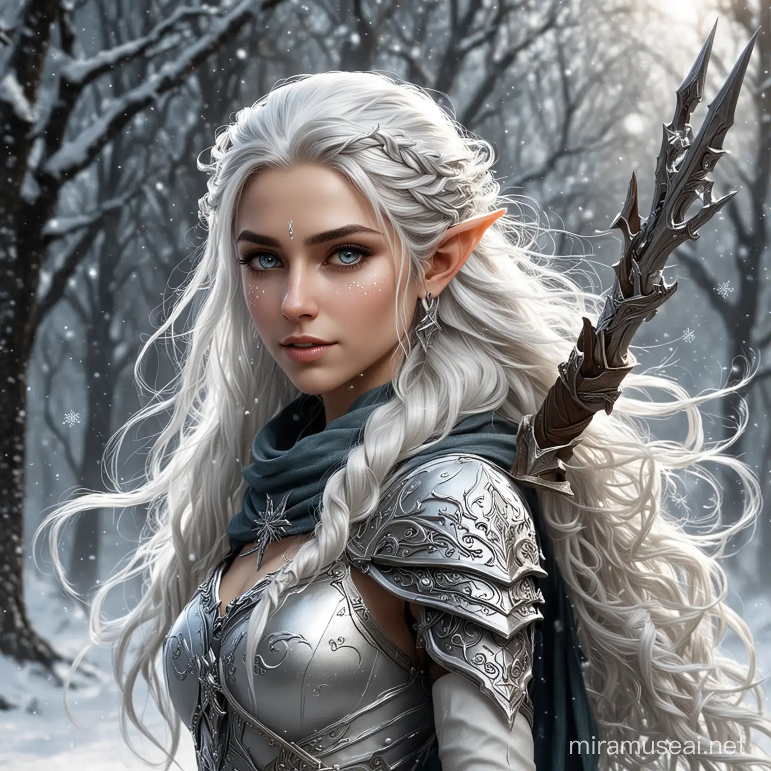 Female winter eladrin elf ranger. Long curly shiny silver hair. Snowflakes