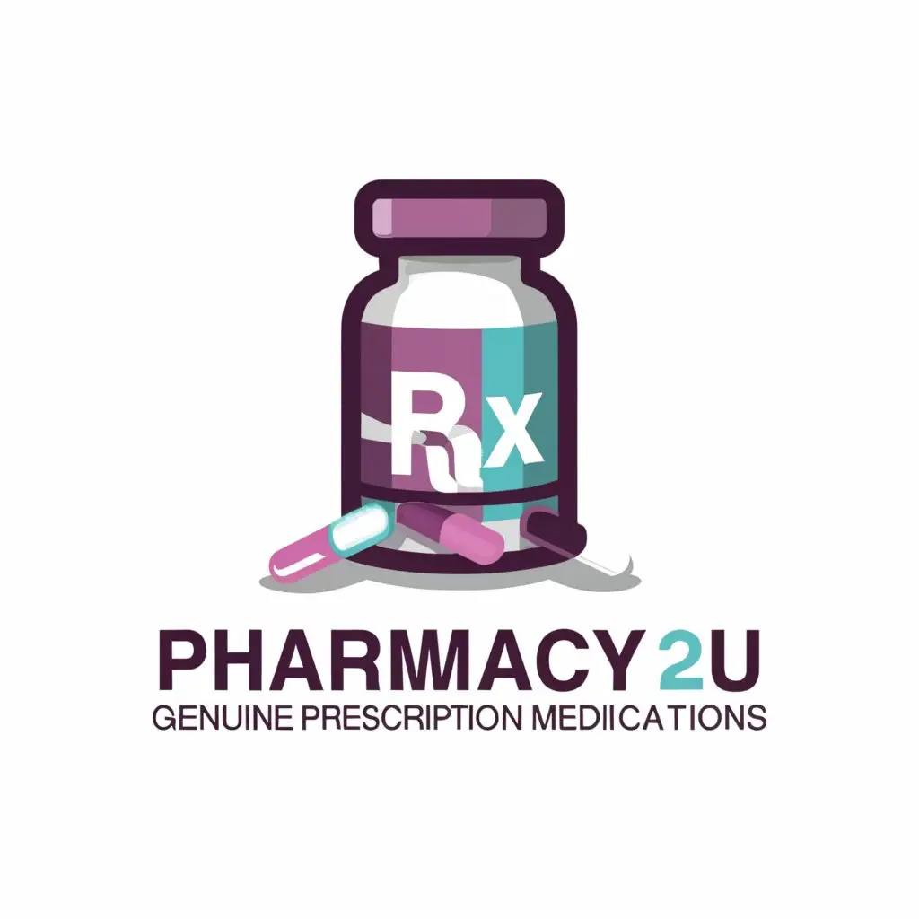 a logo design, with the text 'Pharmacy2u Genuine Prescription Medications', main symbol: Pill bottle with 'Rx' labeled on bottle.  Use colors purple, blue, pink, and teal. White background, Moderate, be used in Retail industry, clear background