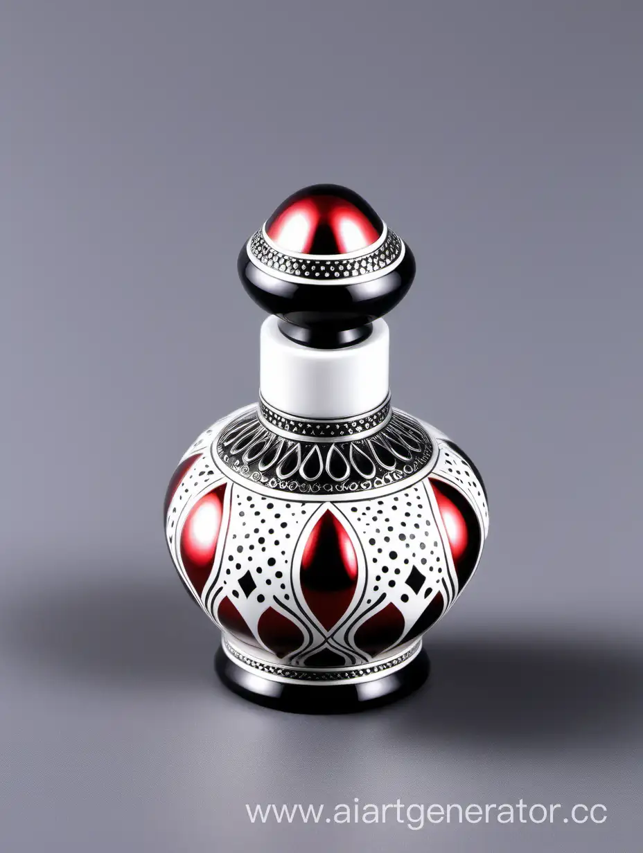Zamac Perfume decorative ornamental long cap, pearl white black color with matt RED WHITE border line with dots in middle arabesque pattern shaped | metallizing finish