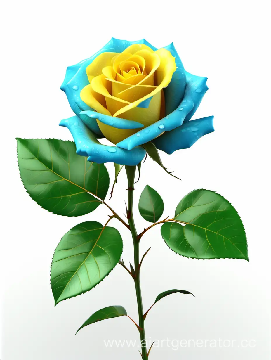 Vibrant-8K-HD-Realistic-Sky-Blue-and-Yellow-Rose-with-Fresh-Lush-Green-Leaves-on-White-Background
