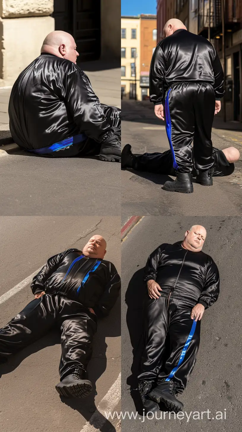 Fashion photo of a chubby man aged 70 wearing a silky black tracksuit. There is a royal blue vertical stripe only on the side of the pants. Black Hiking Boots. His is lying face down in the street. Direct Sunlight. Bald. Clean Shaven. Outside. --style raw --ar 9:16 --v 6