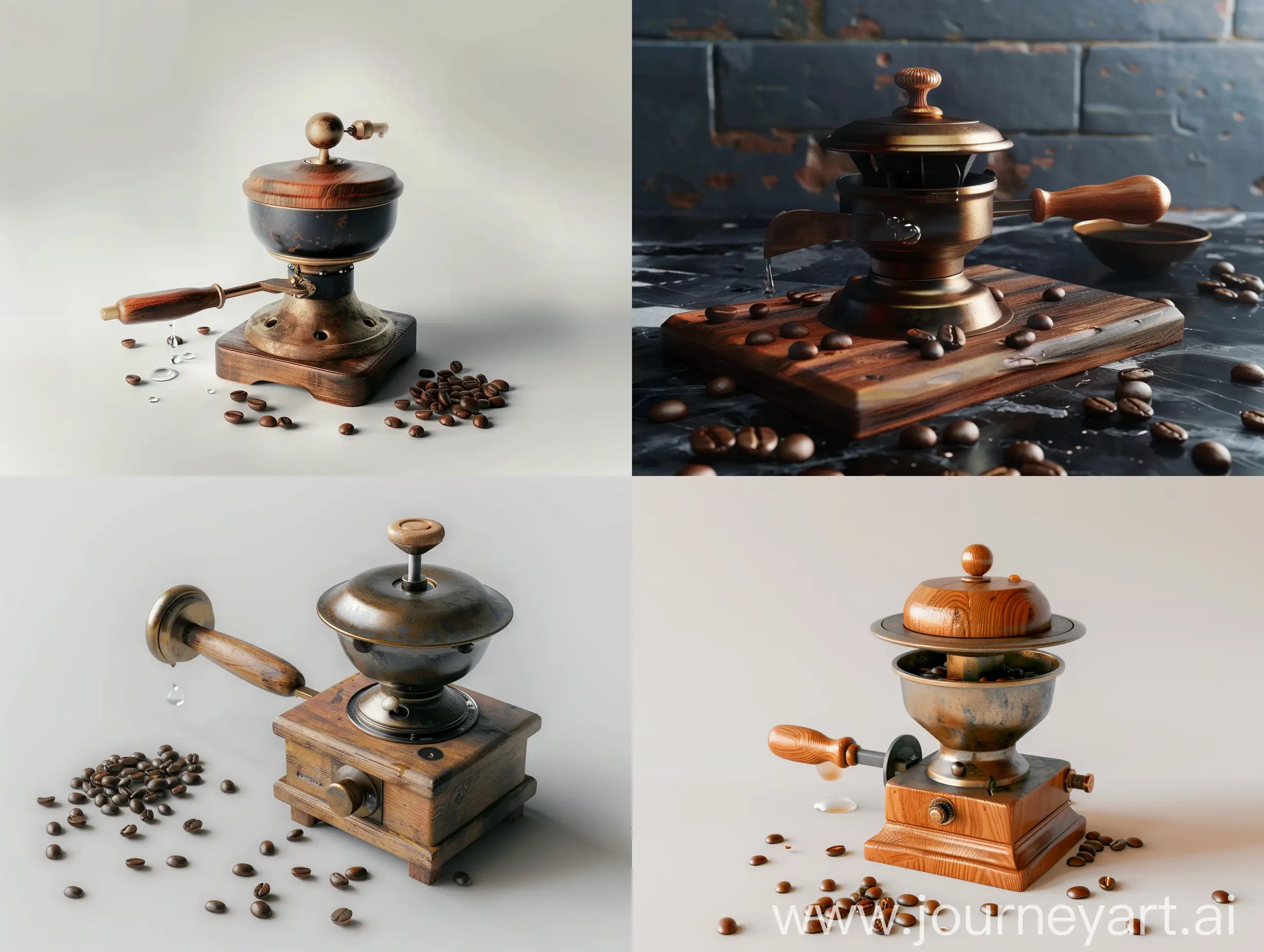 старая ручная кофемолка, деревянная, бронзовая ручка, фото реализм,  несколько кофейных зерен на ней,  и капля воды