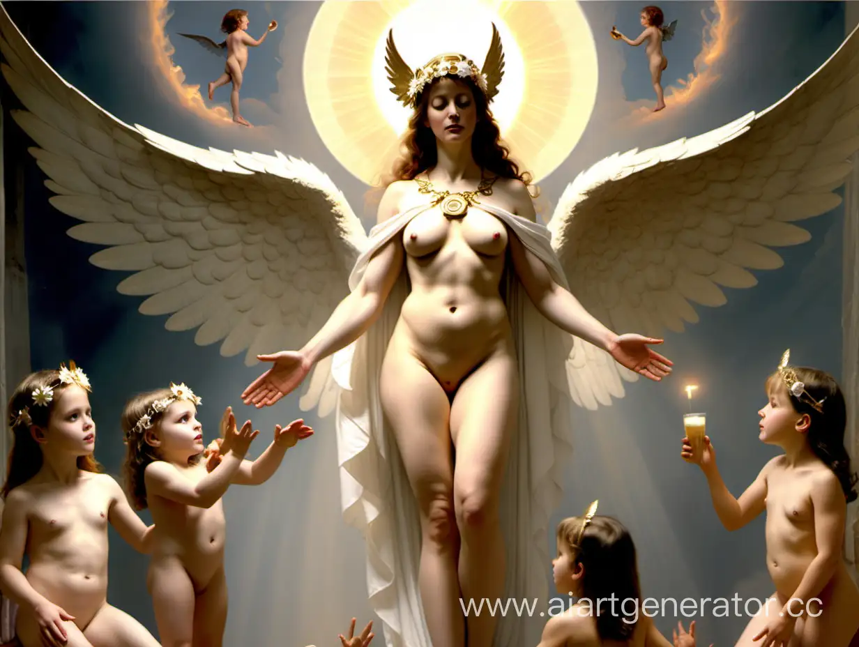 Большая гол полная богиня с большими крыльями и с нимбом рядом маленькие девочки служат ей, очень  плохо