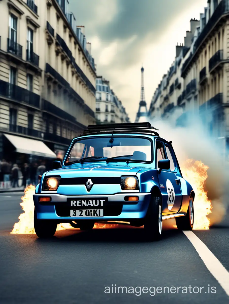 ultra-realistic 32k image of a Renault 5 track hawk launch on back wheels burning rubber at day on Paris strip, "customed" grey and sky blue in colour