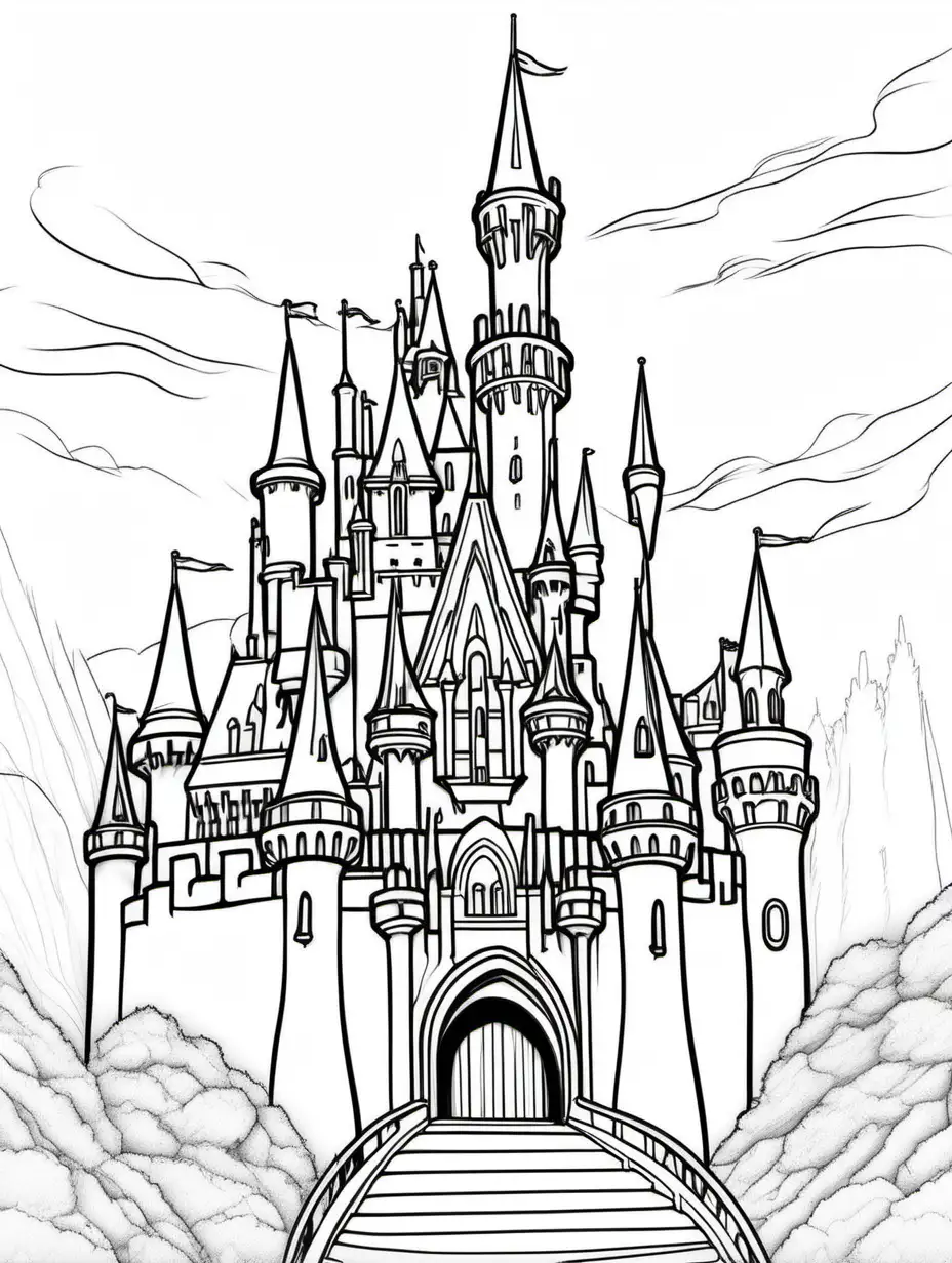 draw an enchanting Pixar themed black and white picture of sleeping beauty castle for coloring book, black lines, no shading, thick lines, low detail