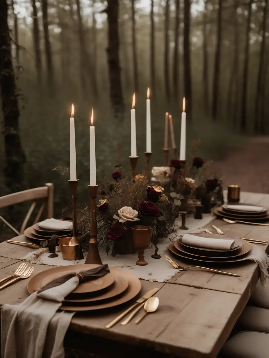 table set up for intimate lunch outdoors in a forest with overgrown shrubs and wildflowers. table decorated in a rustic, neutral, organic style with pots holding moody dark roses and brown taper candles in assorted gold candsticks and a beige cheesecloth table runner. close up angle of only table decor in frame,  DSLR photography style