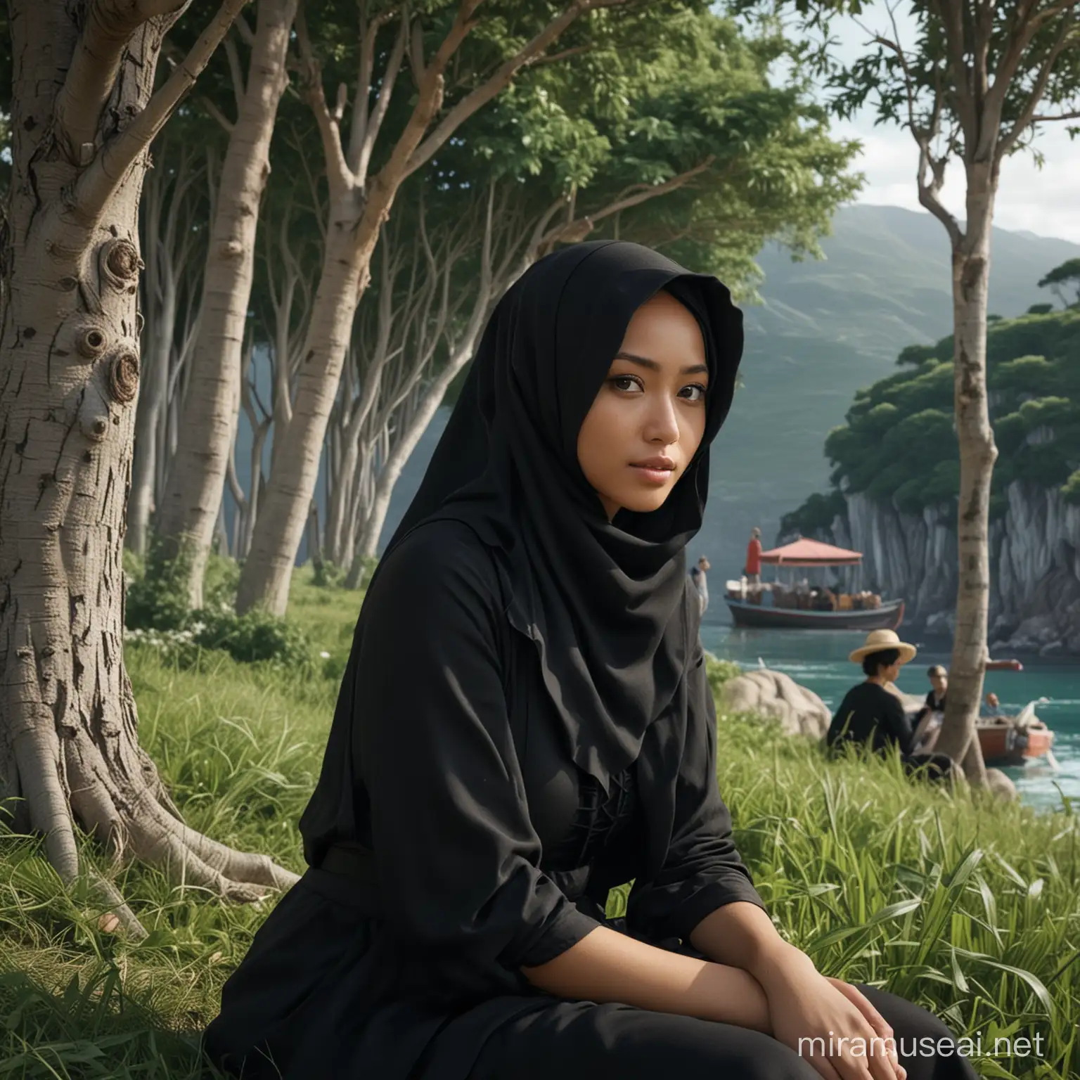 super ultra hyper detailed and realistic one piece film, of a beautiful 24 year old Indonesian girl wearing hijab with straw hat, a black dress, sitting cool with sexy nami from one piece full of affection in the background of  greenland. Scary trees appear. Realistic fantasy details are visible.