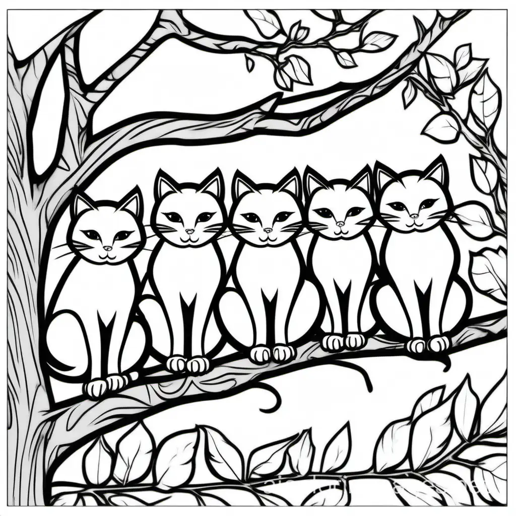 Five-Cats-Sitting-on-Tree-Branch-Coloring-Page-for-Kids