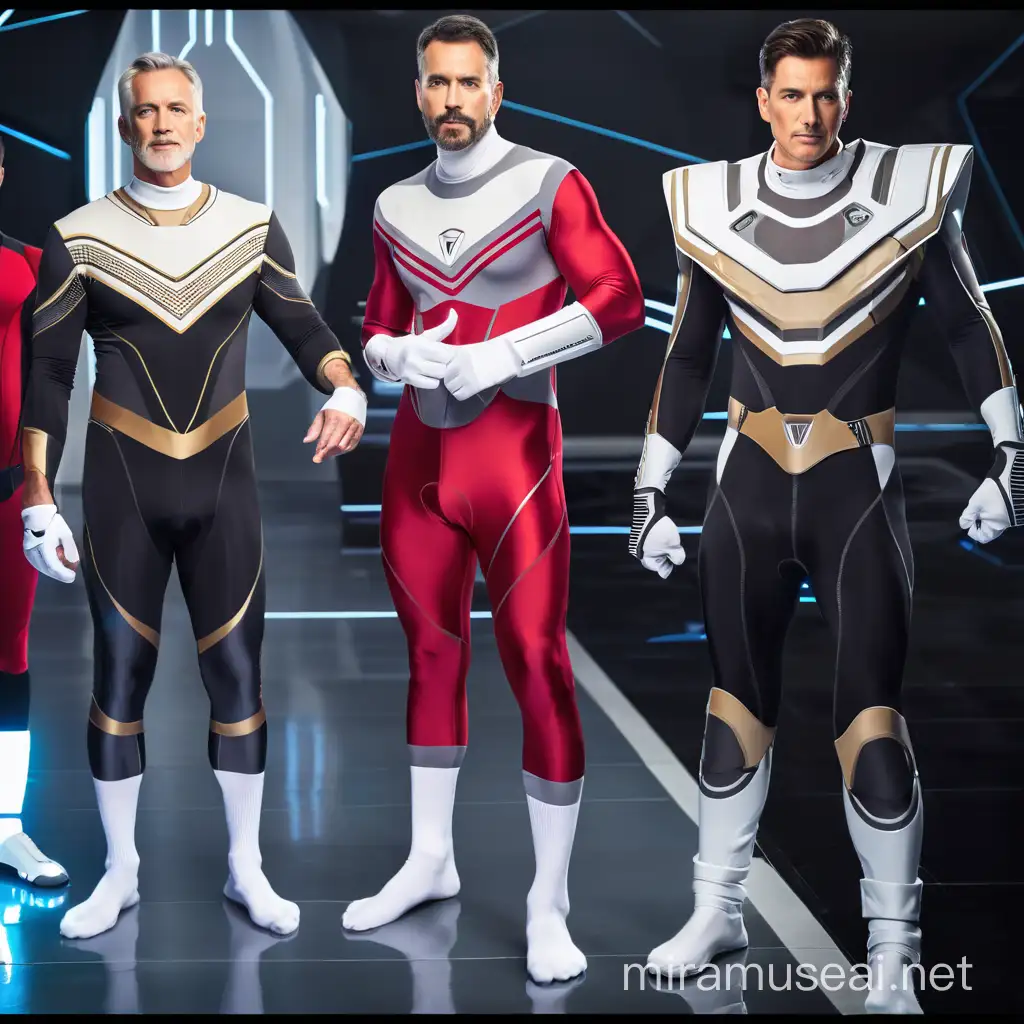 Male family members wearing a bodysuit with white socks in a futuristic background