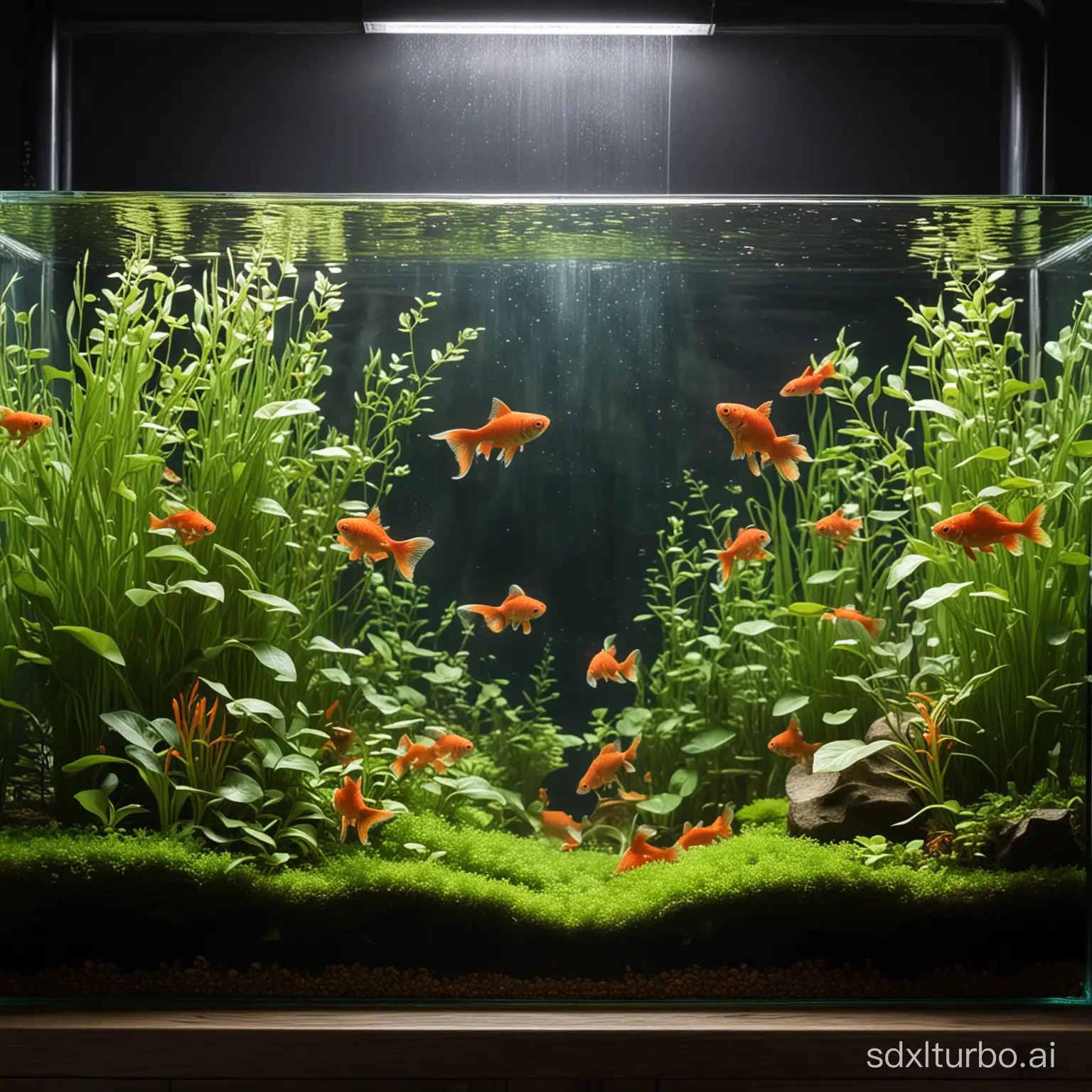 Draw an overhead fish tank, with many small water plants resembling mossy three-lobed leaves at the bottom of the tank, with two red goldfish swimming inside.