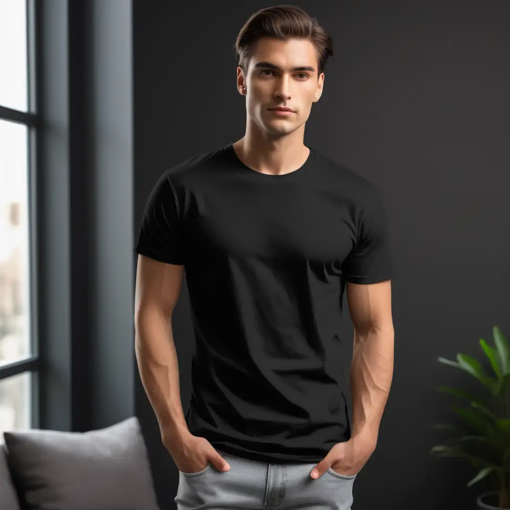 PLAIN dark black T-SHIRT, bella 3000 mock-up photo, lgtbq man ,t-shirt frontage for showcasing designs on. good lighting and styling.well-lit indoor room settings that are minimally furnished in the background
