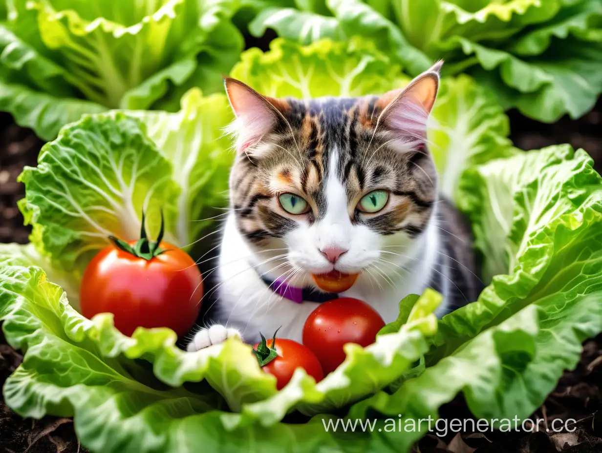 Английский кот в листьях зеленого салата и цветной капустыс помидором во рту