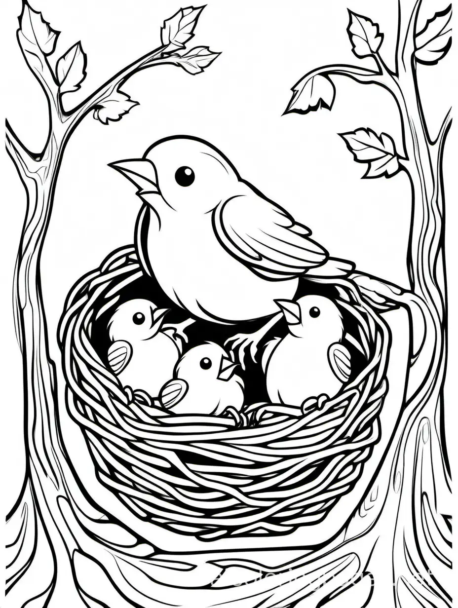 bird in the nest feeding its kids , Coloring Page, black and white, line art, white background, Simplicity, Ample White Space. The background of the coloring page is plain white to make it easy for young children to color within the lines. The outlines of all the subjects are easy to distinguish, making it simple for kids to color without too much difficulty, Coloring Page, black and white, line art, white background, Simplicity, Ample White Space. The background of the coloring page is plain white to make it easy for young children to color within the lines. The outlines of all the subjects are easy to distinguish, making it simple for kids to color without too much difficulty