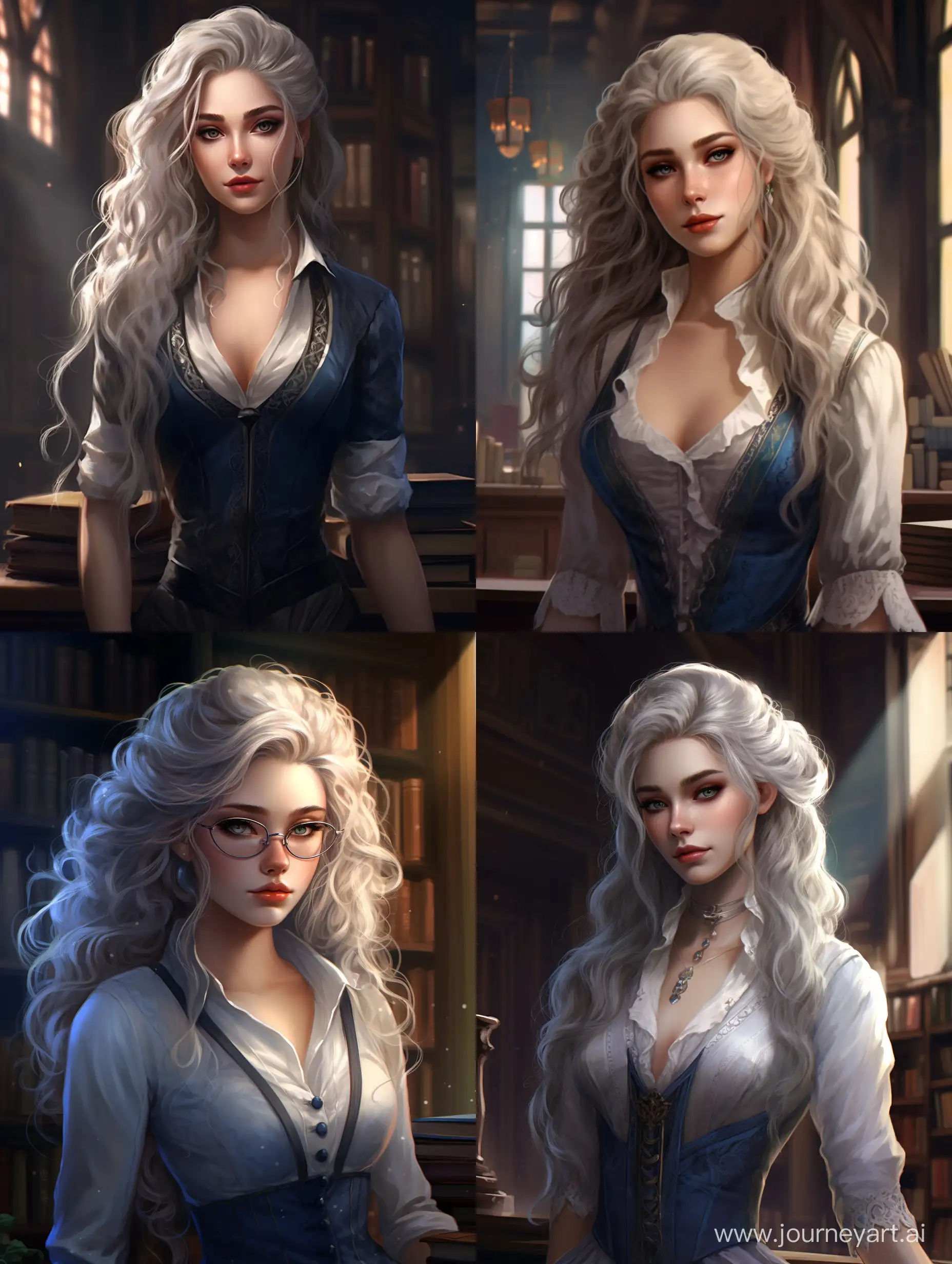 elf young woman, fantasy blue librarian clothing, white fluffy hair, blue eyes, library library, portrait
