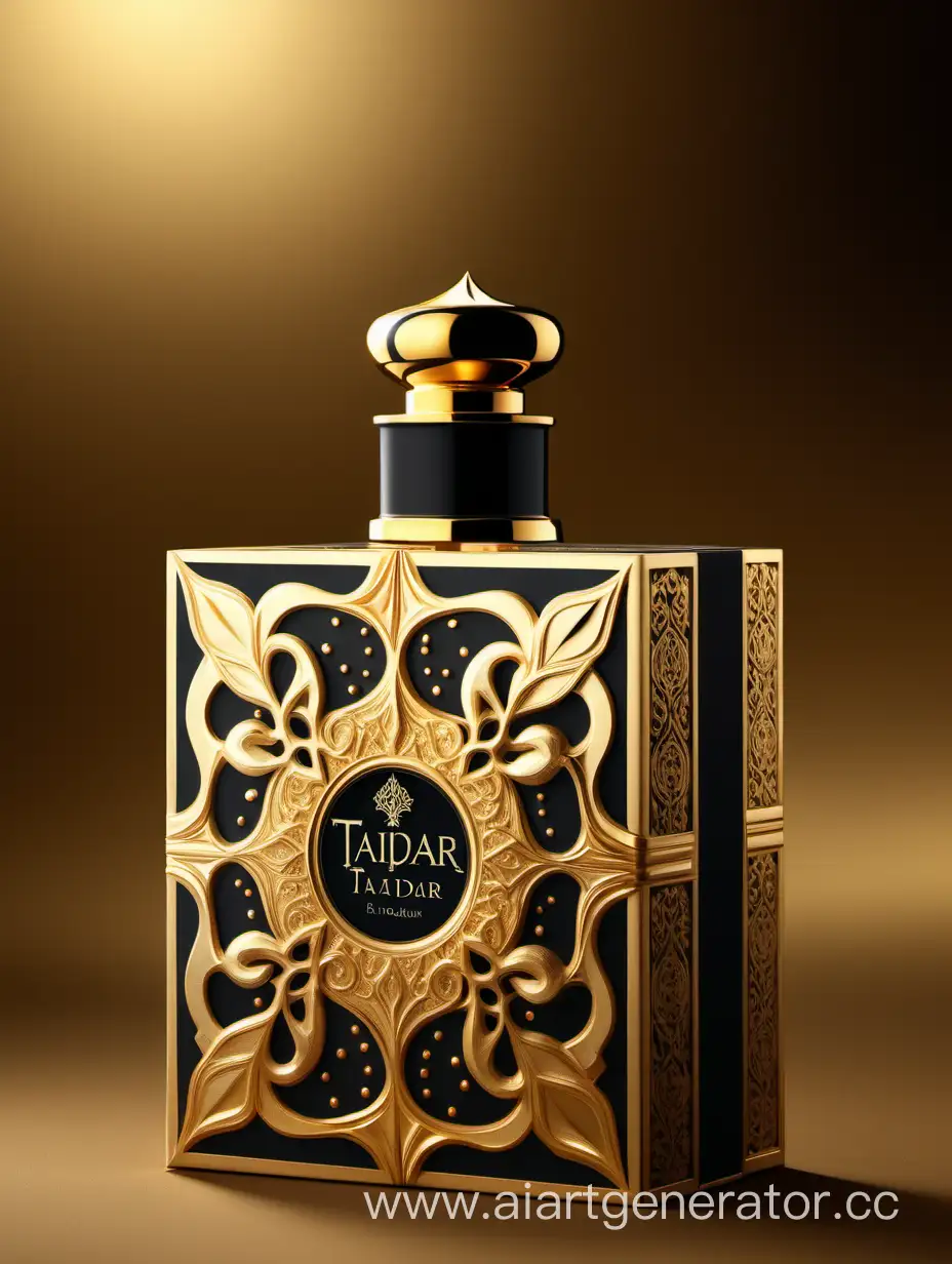 Box package design of perfume TAJDAR product, elegant, trending on artstation,   sharp focus,   studio photo,   intricate details,   highly detailed,   gold, Royal black and beige color on gold background