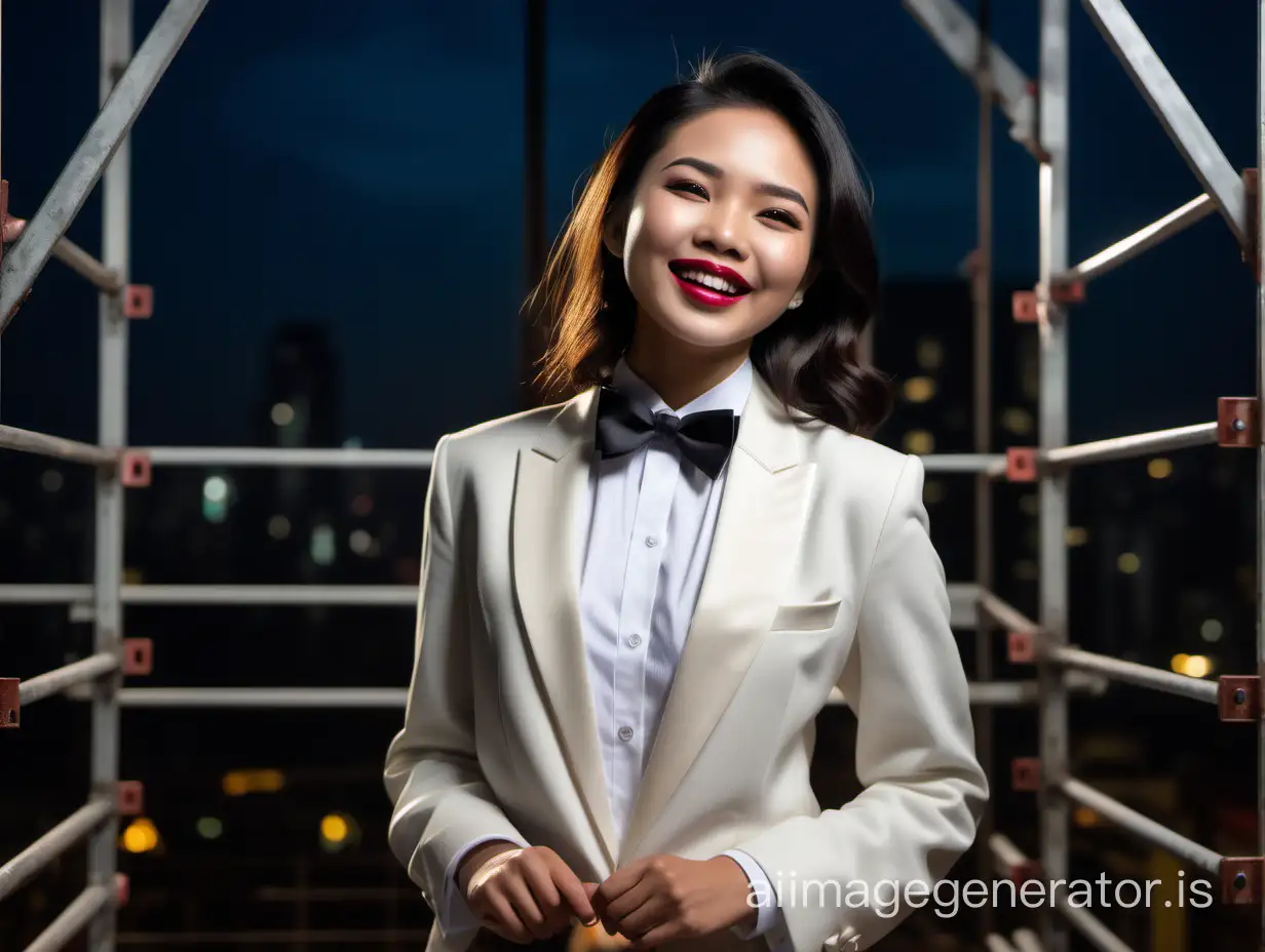 A stunning and cute and sophisticated and confident malaysian woman with shoulder length hair and lipstick wearing an ivory tuxedo with a white shirt with cufflinks and a (black bow tie).  She is standing on a scaffold facing forward, smiling and laughing.  She is relaxed.  It is night.
