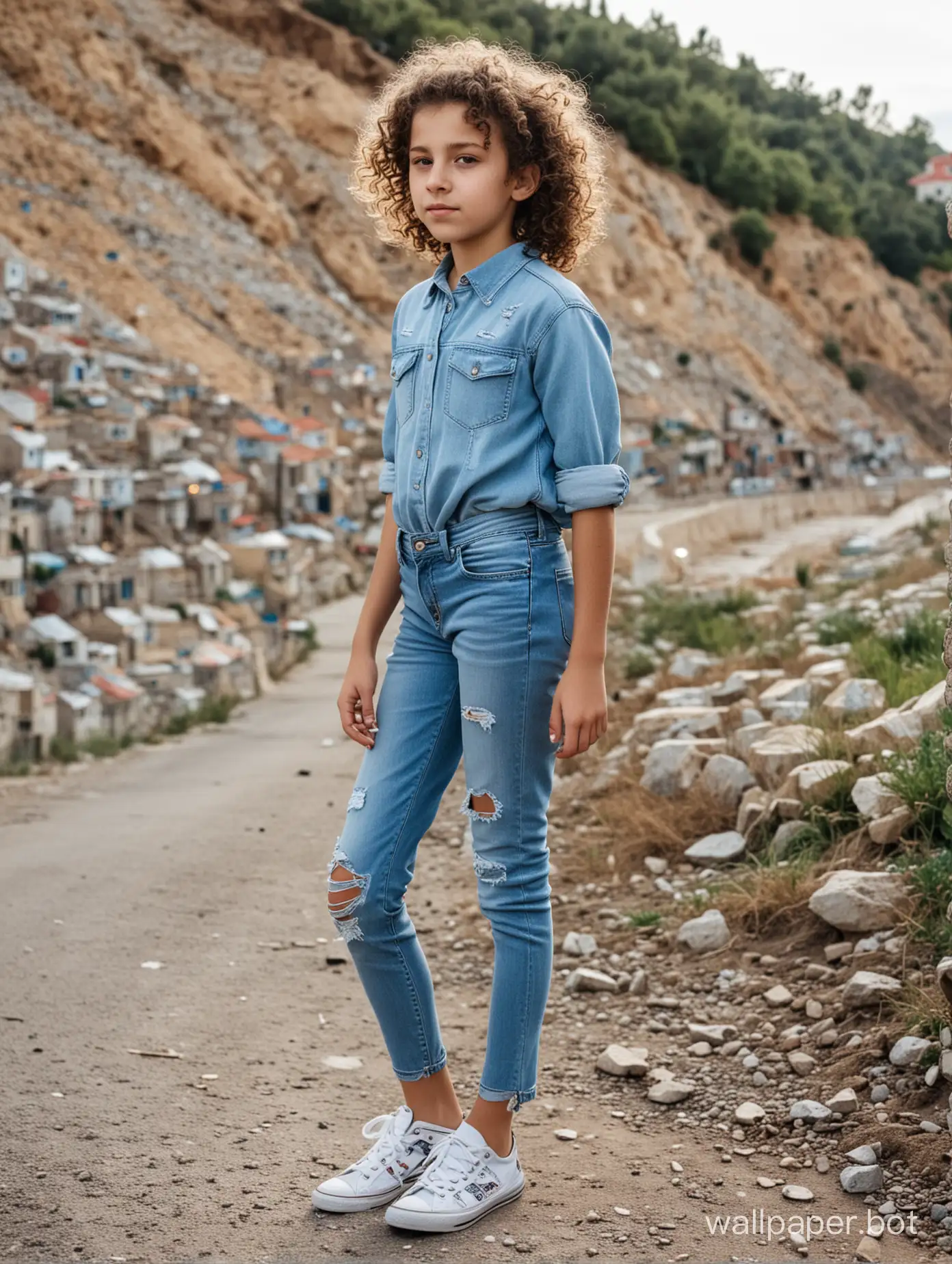 11-year-old girl with curls in light jeans with holes, Crimea, view of a small town, full-length, side view