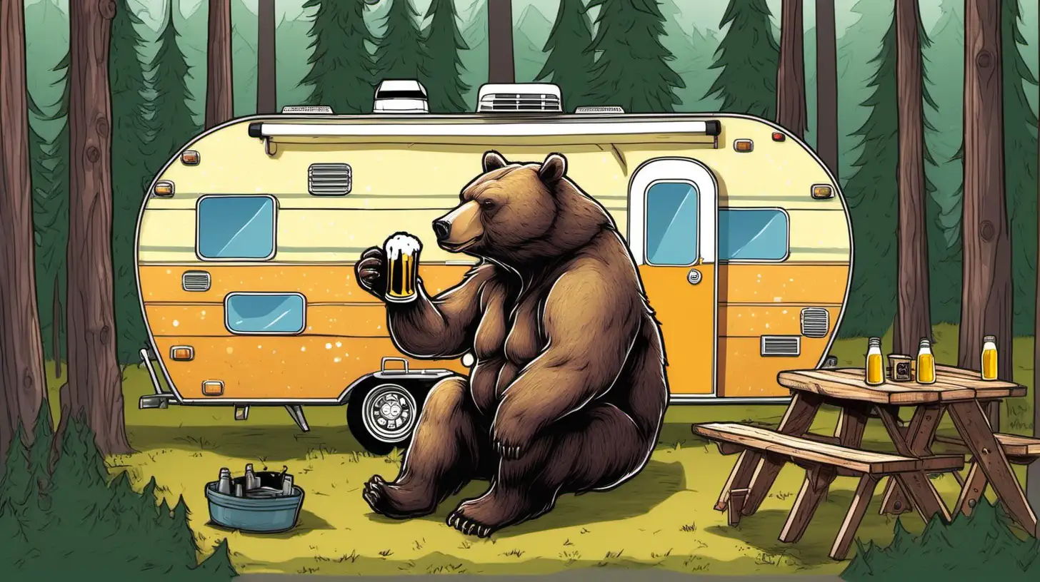 A bear drinking beer in front of his camper