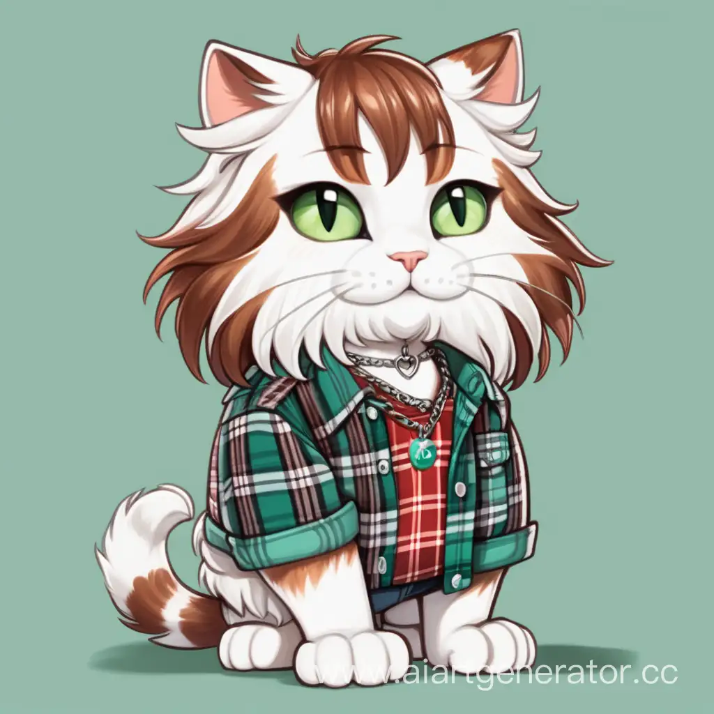 a white anthropomorphic furry cat with red patterns on its fur. Brown hair, green eyes. The cat is wearing collars, chains, bracelets, rings. He is wearing a plaid shirt over a T-shirt and shorts. the tail is long and fluffy, the hair is below the shoulders