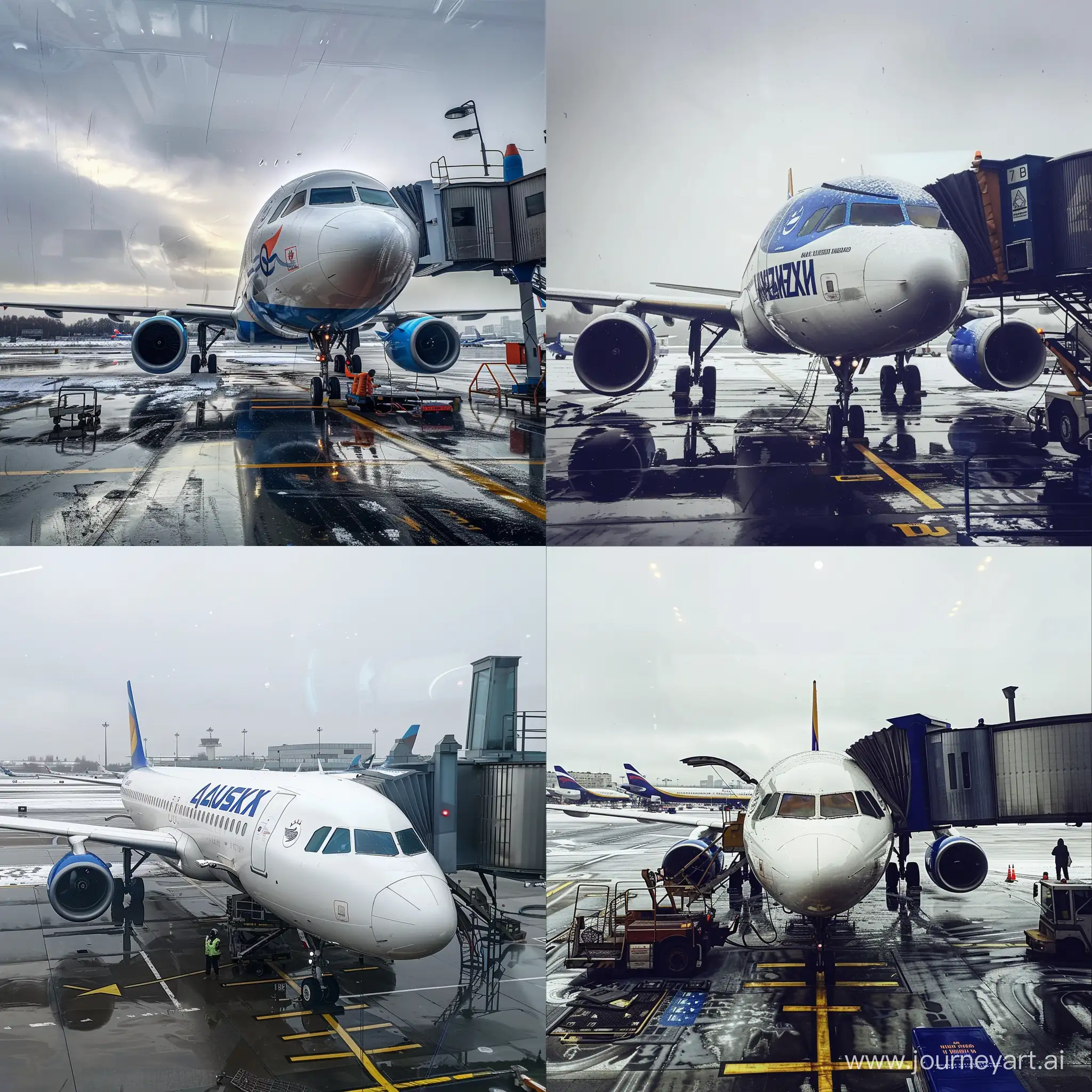 Фотография, как самолет казахской авиакомпании в аэропорту Внуково готовят к посадке пассажиров, погода на улице соответствует концу марта