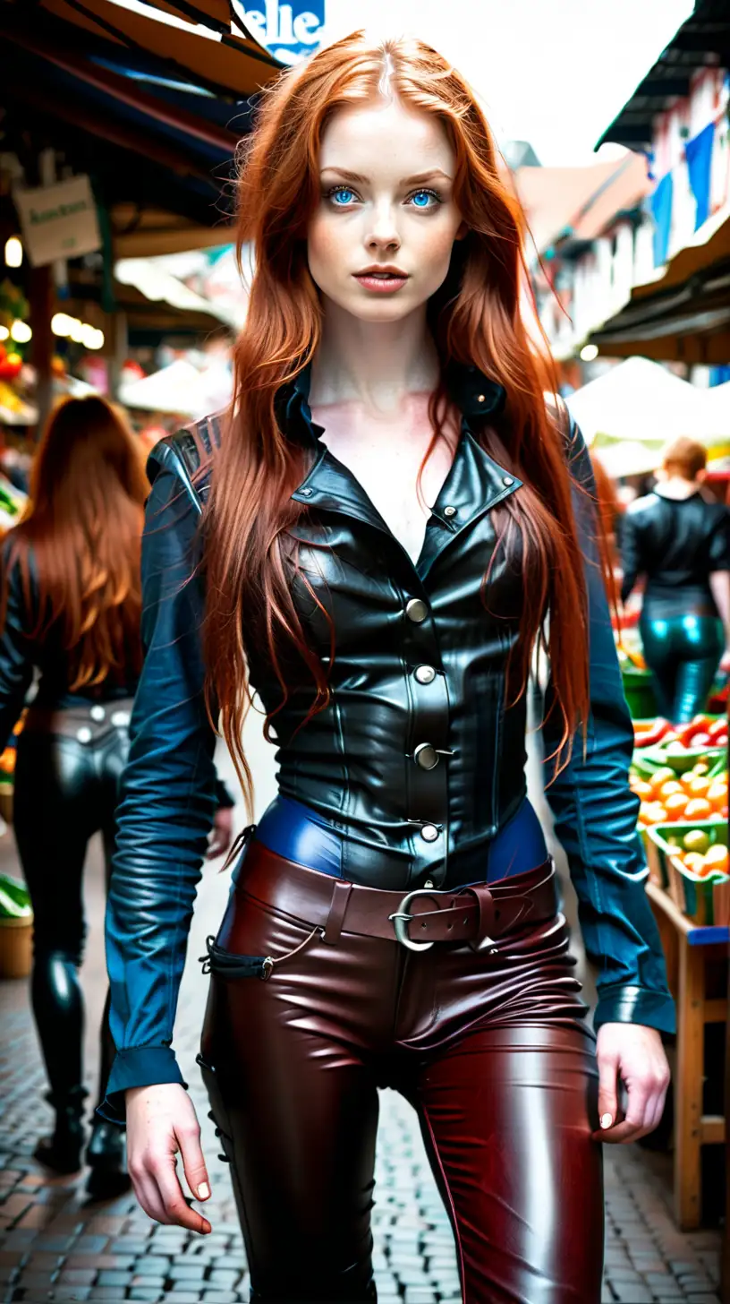 Young redhead with blue eyes, dark make-up, long hair, wearing tight leather pants, walking through a market square