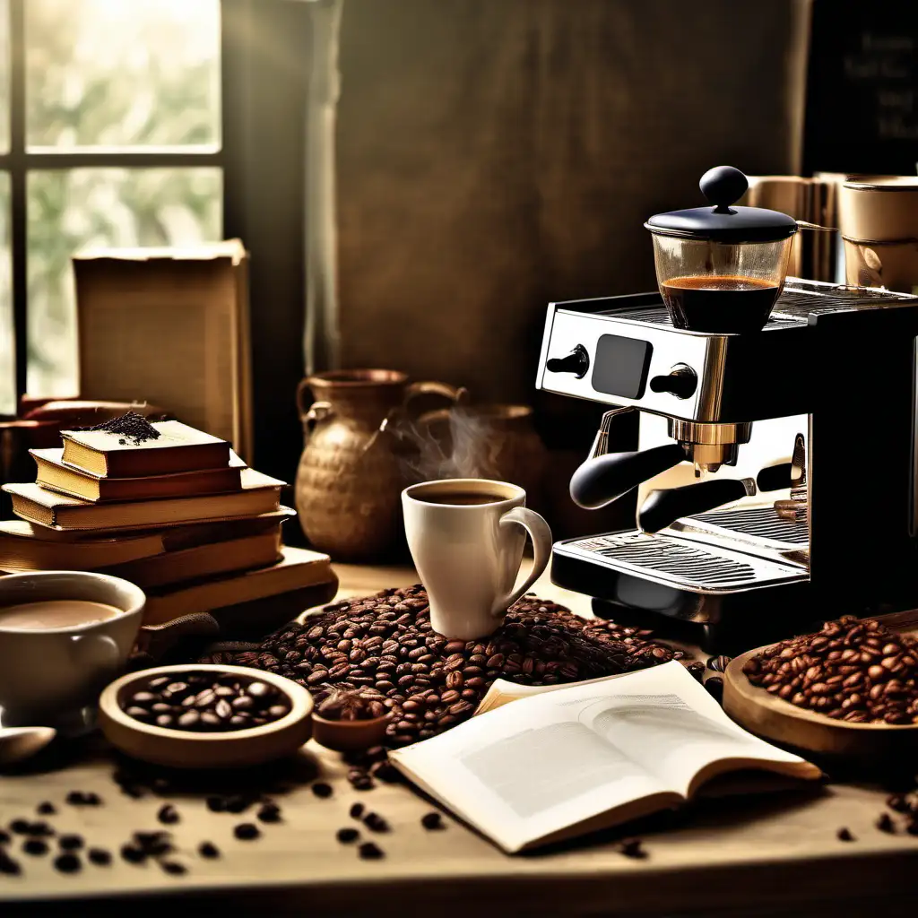 generate a real photo with humor on an elegant desk there is a coffee machine with an intense smell of freshly brewed coffee, next to the machine there is a cup full of aromatic coffee and next to it there is a chocolate cookie with pieces of nuts, on the desk there are old books and in the background  you can notice tiny ants that, with amazement, organize a picnic on coffee beans.  Make room for text