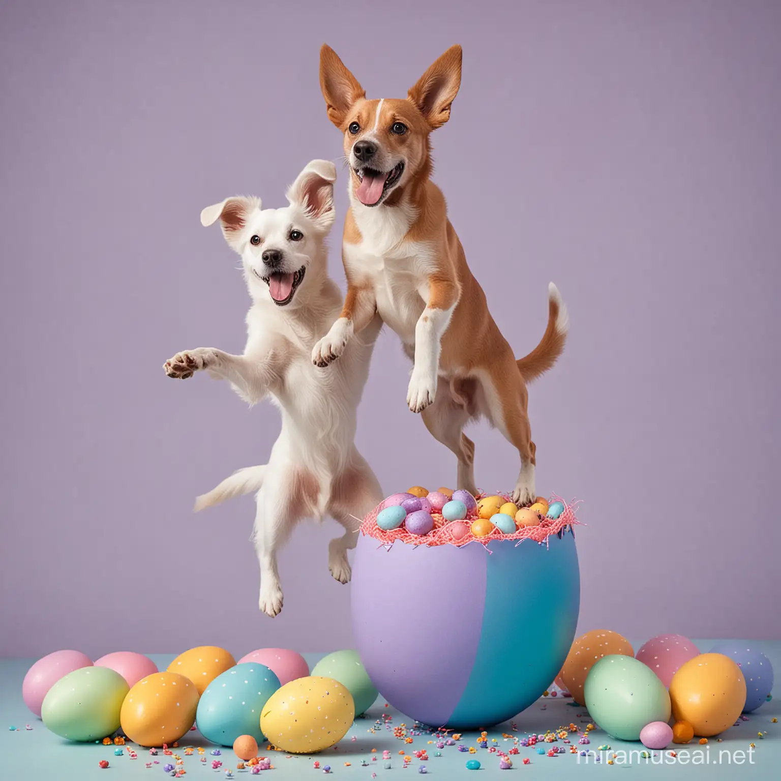 Energetic Dogs Emerging from Vibrant Easter Eggs