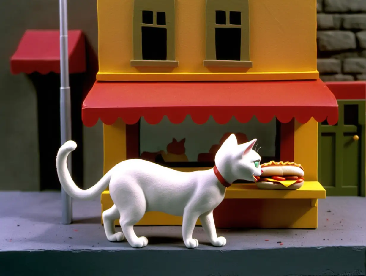 Claymation Scene White Cat Buying Hotdog from Human Vendor in City