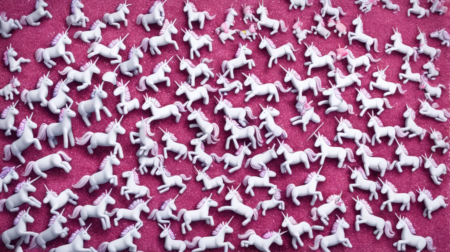 Erstelle ein Bild mit millionen von kleinen einhorn puppen die auf dem boden verteilt liegen mit blick von oben.