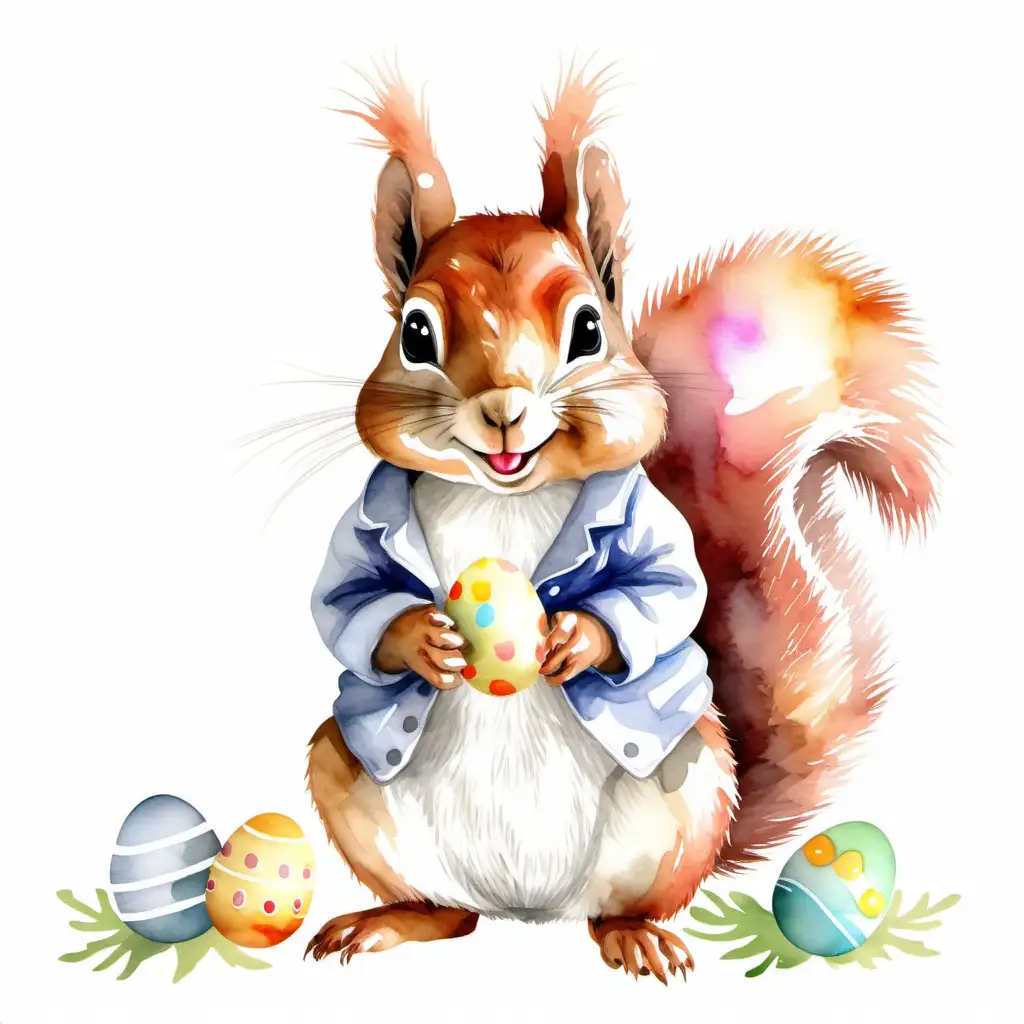 watercolor style, a squirrel dressed as the easter bunny on a white background.
