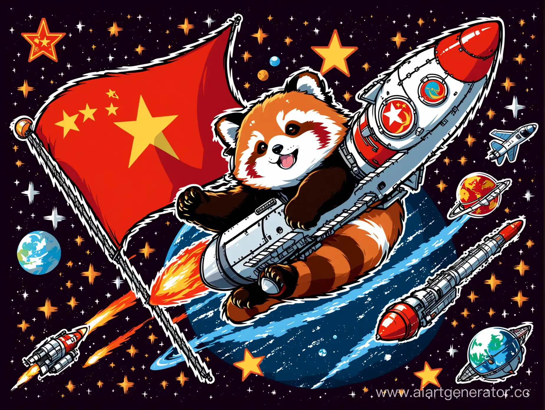 red panda, space, ussr flag, spaceship, sticker