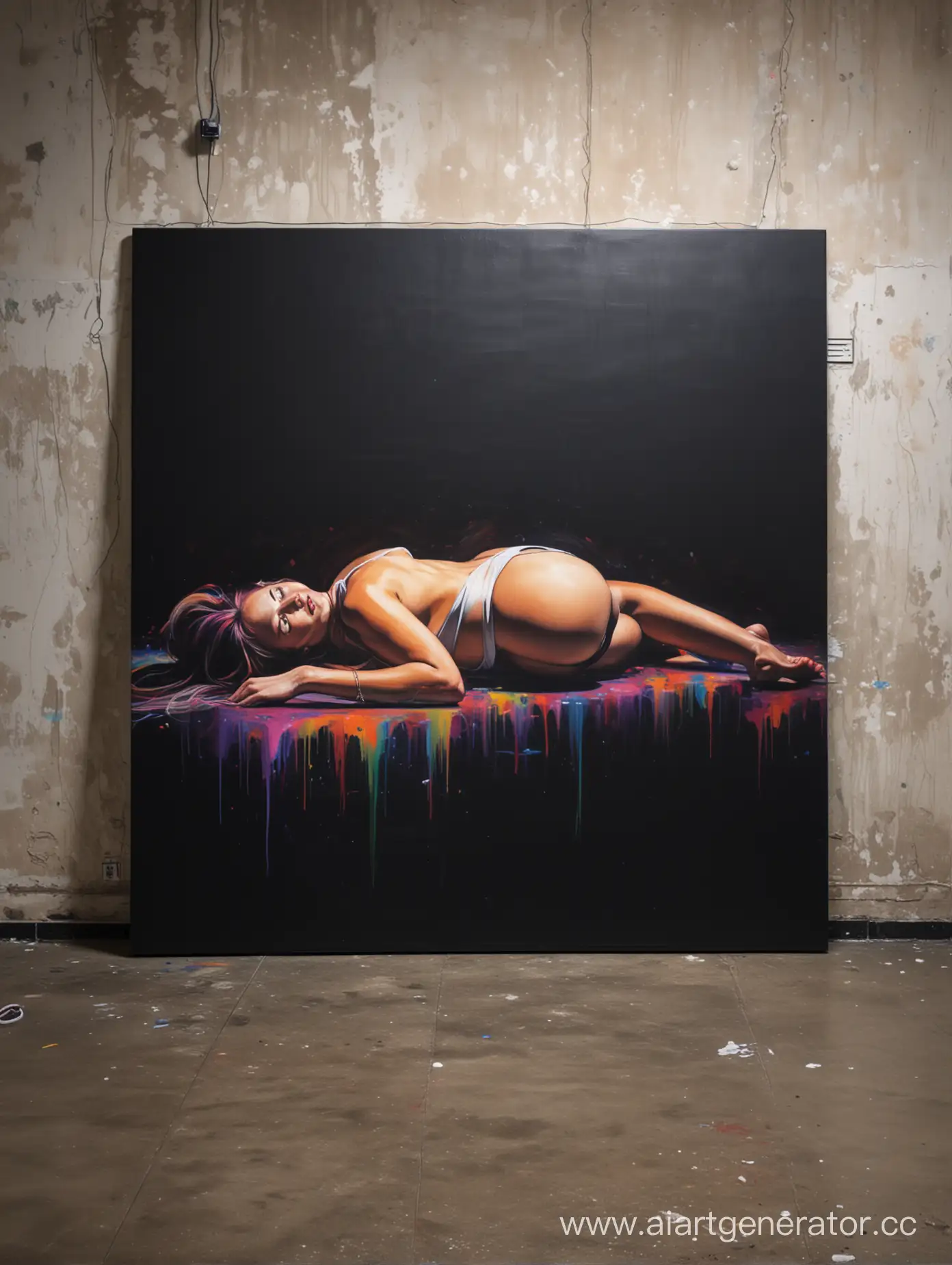 horizontal painting on canvas, horizontal, standing on the floor, leaning against the wall in a nightclub