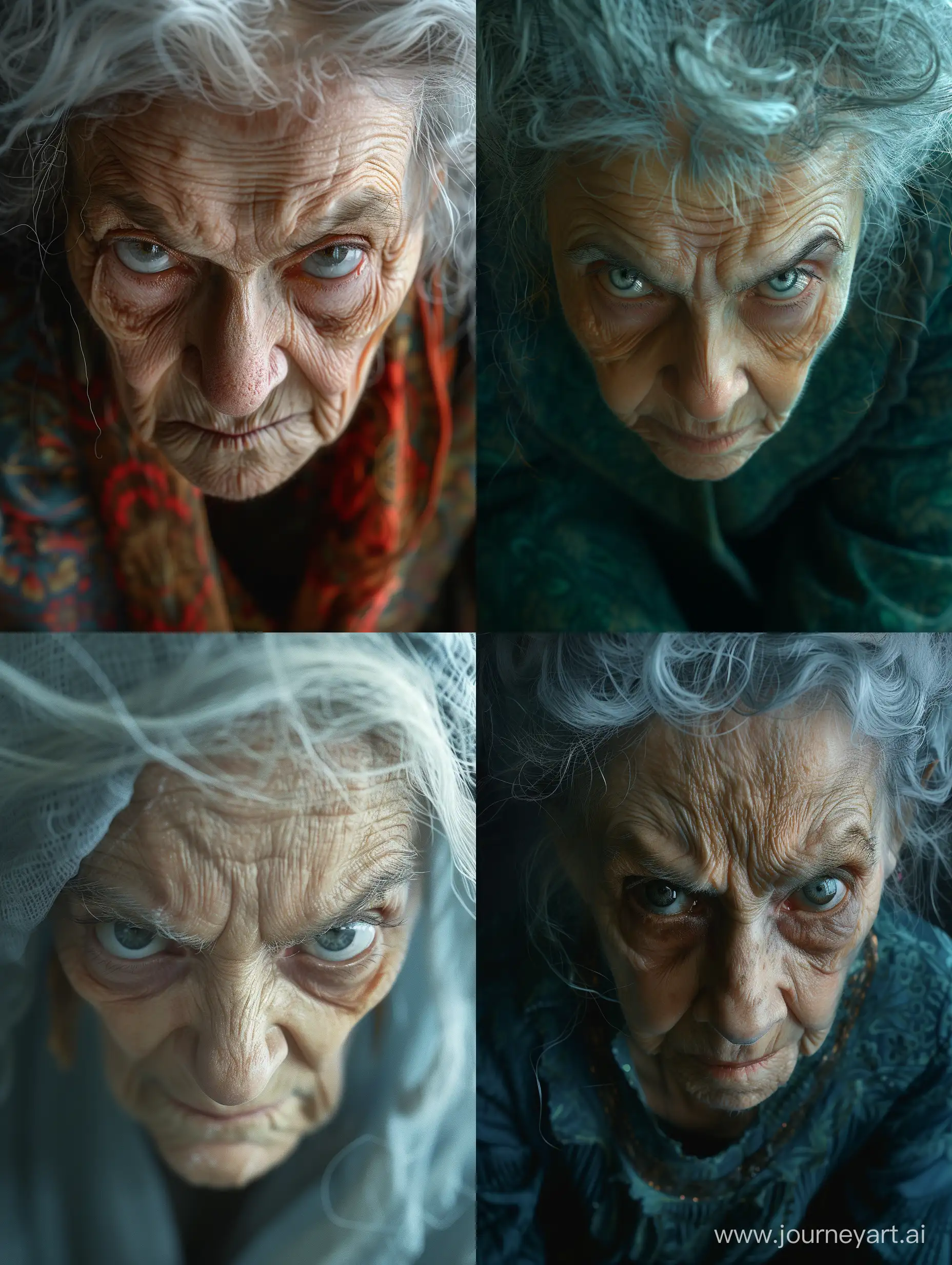 Very very extreme absurde fantastic angry old woman ,extreme closeup with fisheye ,dynamic camera angle dramatic  ,colorful ,fashion shoot ,highly detailed --ar 3:4 --style raw --stylize 500 --v 6