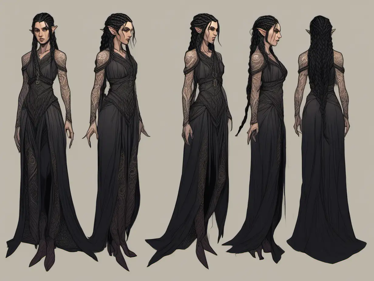 concept art of a female elf with intricately braided black hair dressed in a black gown.