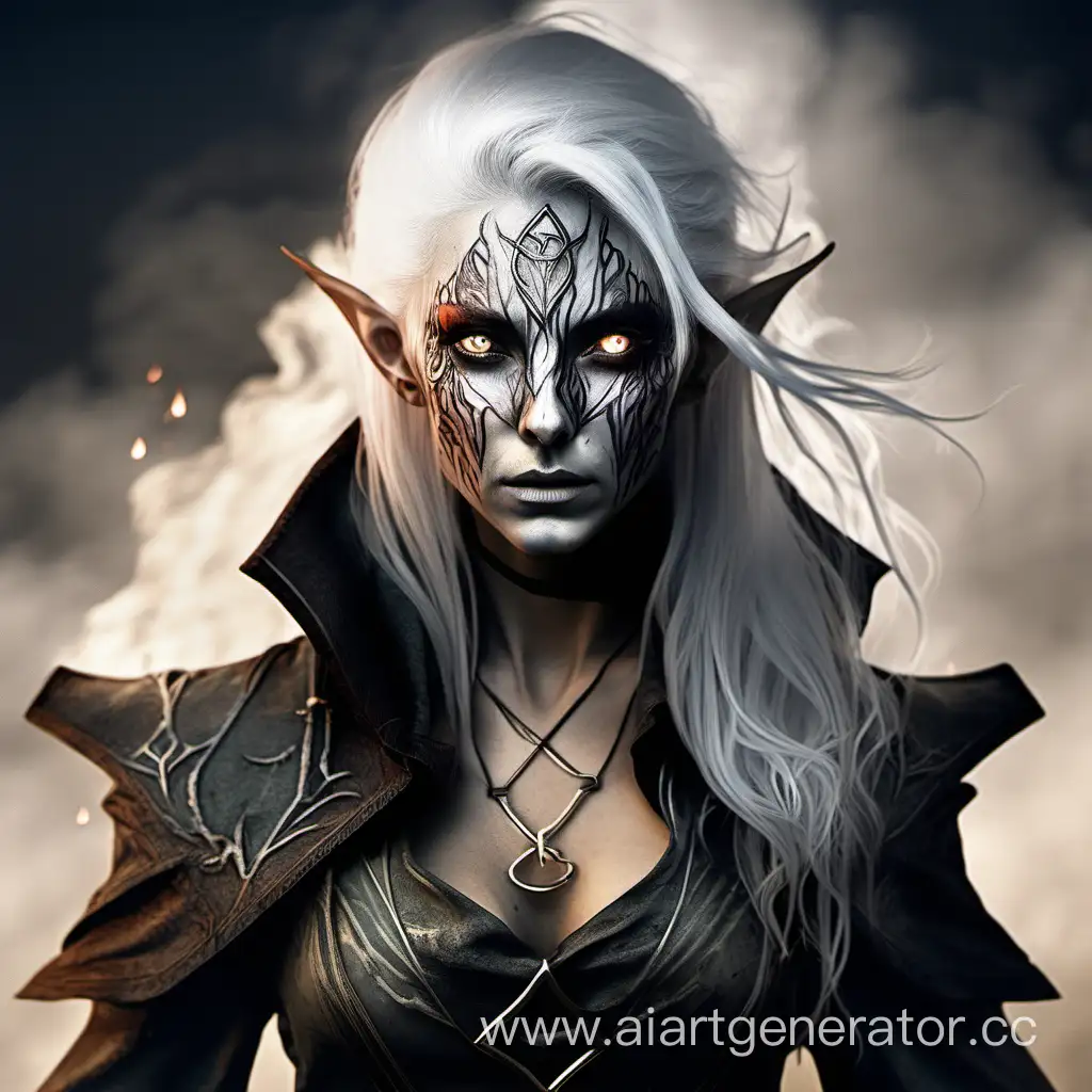 Безумная женщина эльф алхимик с обожженным лицом и белыми волосами