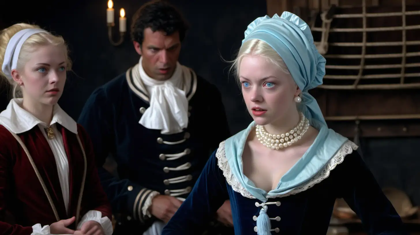A wealthy young woman, she is wearing a fancy black velvet high-necked long sleeved 1600s gown, she is wearing a white lace shawl, she has white-blonde hair and pale blue eyes, she is wearing a light blue turban, she stands in a 1600s Dutch sailor's tavern, she is arguing with a male sailor, she has a determined look on her face, she is wearing pearls