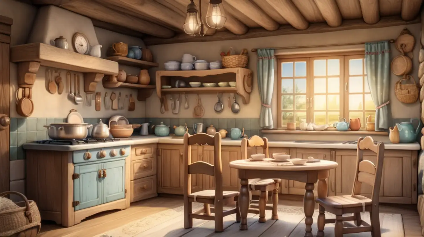 the interior kitchen with a kitchen table with three bowls of porridge and one large chair, one medium chair and one small chair for a child of a small cozy cottage in fairytale story style