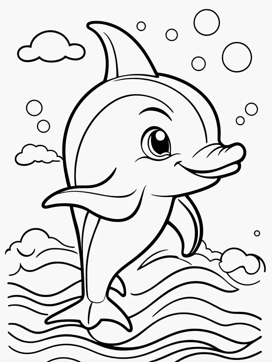 Very easy coloring page for 3 years old toddler. Only cartoon dolphin. Without shadows. Thick black outline, without colors and big  details. White background.