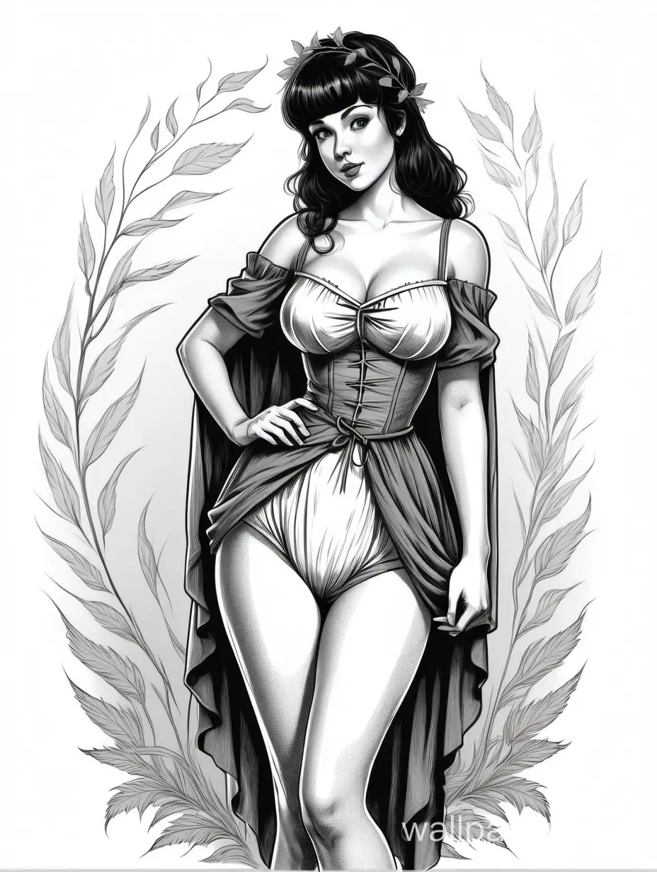 A young girl, resembling Anna Rouson. 4 size breast, narrow waist, wide hips. Short dark hair with bangs. Fashionable medieval revealing clothing. holy dryad. Black and white sketch, white background, full-length, pinup style
