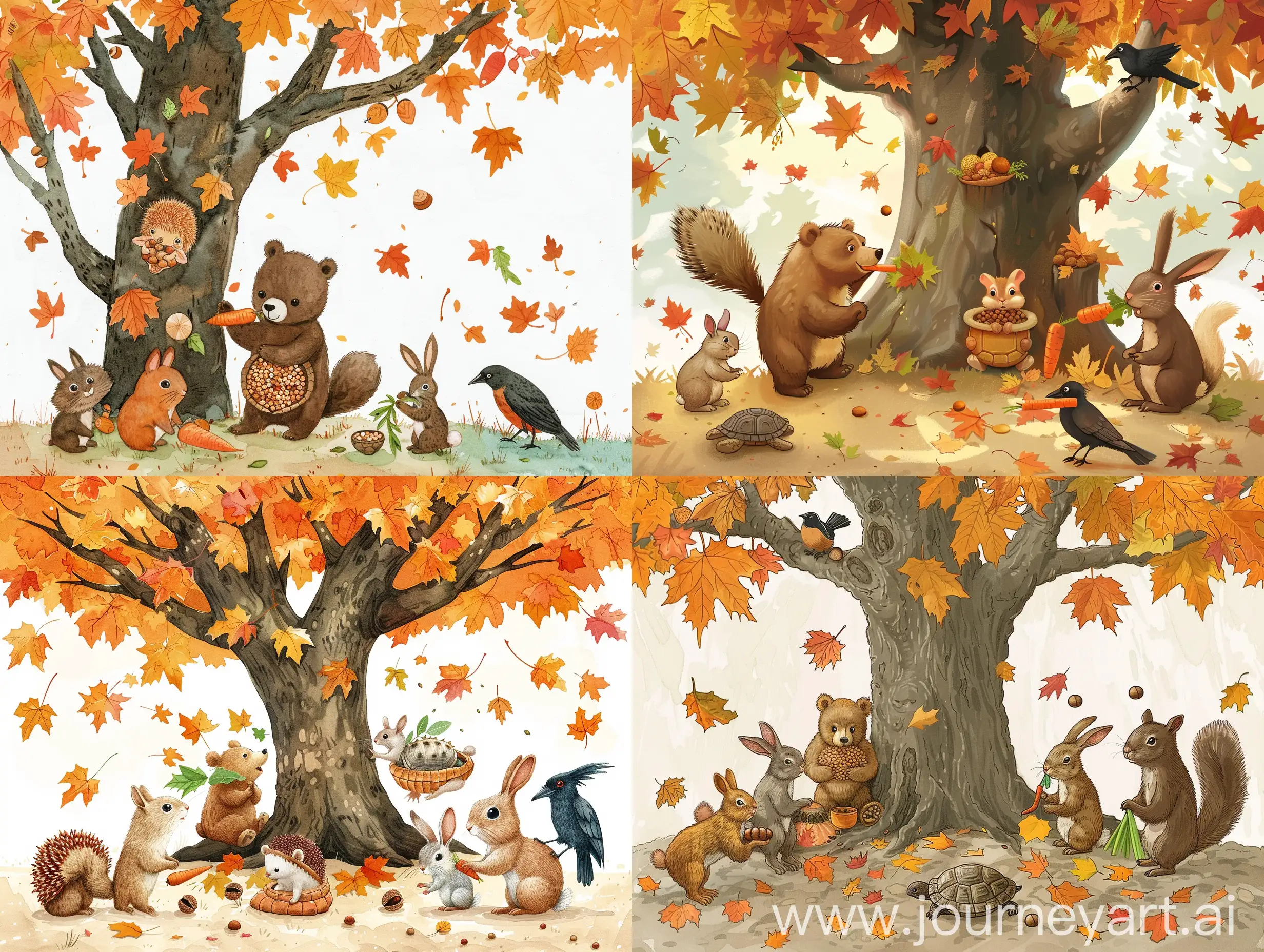 Create an enchanting illustration depicting a scene under a big chestnut tree where a little bear, surrounded by all his friends, is surprised to find the tree has shed all its leaves. Capture the bustling activity as each animal is carrying something special to their nests - a hedgehog picking hackberry grains, a squirrel with a lap full of acorns, a rabbit holding a carrot, a turtle carrying chard leaves in its mouth, and a crow collecting walnuts, slyly burying one without revealing its hiding spot. Bring out the vibrant colors of the autumn setting and the adorable expressions on the animals' faces