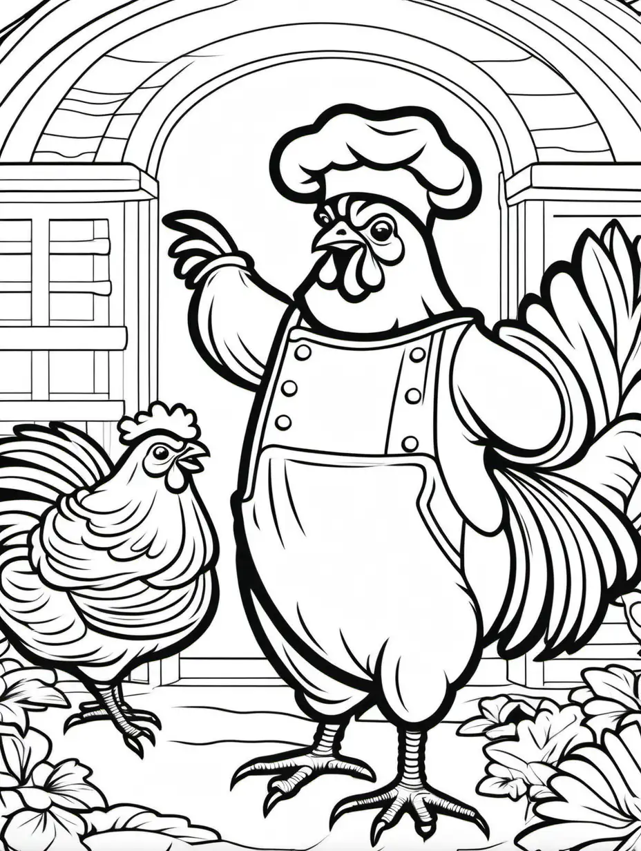 coloring page for kids, chef
chickens, thick lines, low detail, no shading
