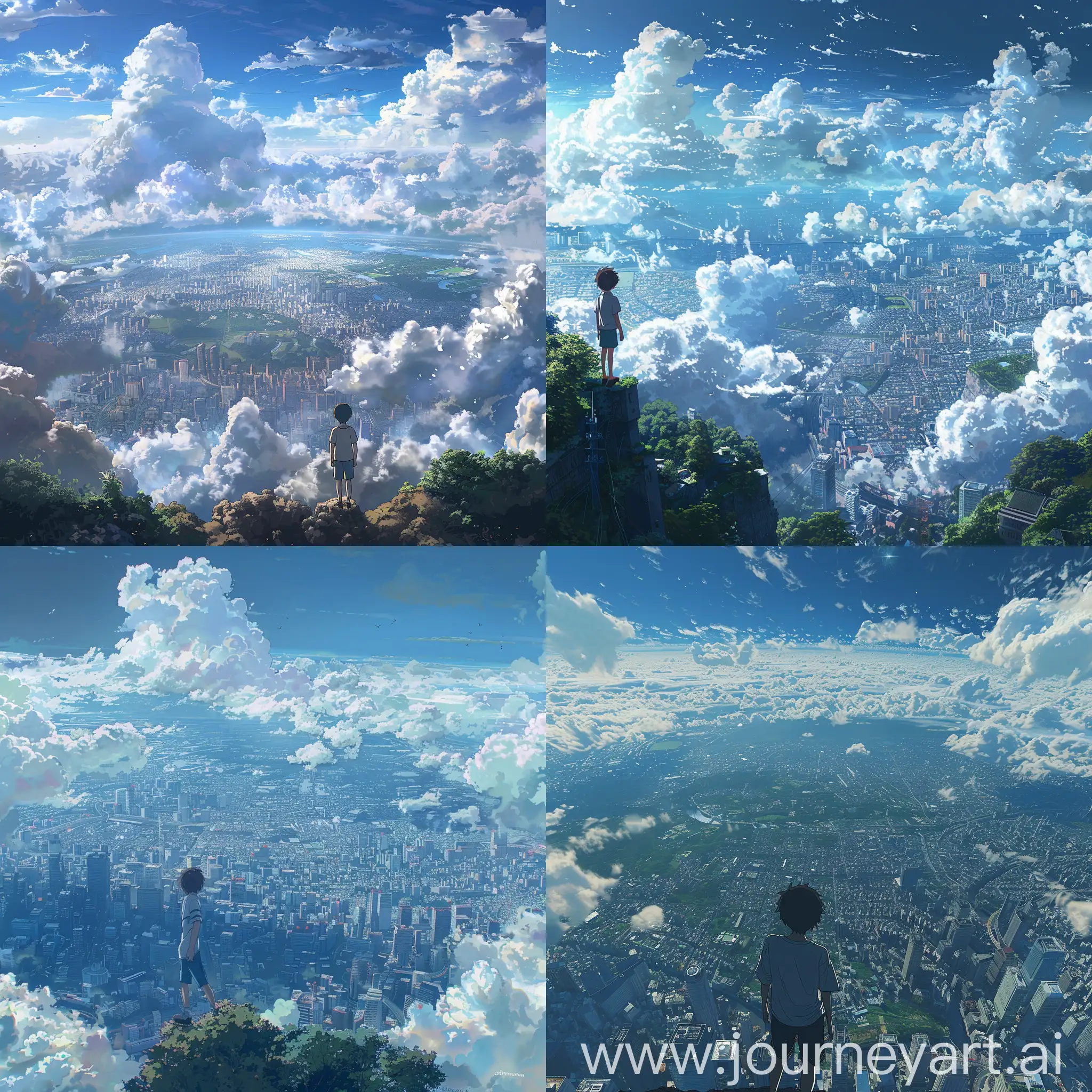 Animetic photo,beautiful anime style scenery,mokoto shinkai style,beautiful sky,a boy in sky looking over a detailed aerial and large  view of Tokyo city,summers,clouds,wonders,no hyperrealistic,avoid bad and distorted view of the boy.  -- 9:17
