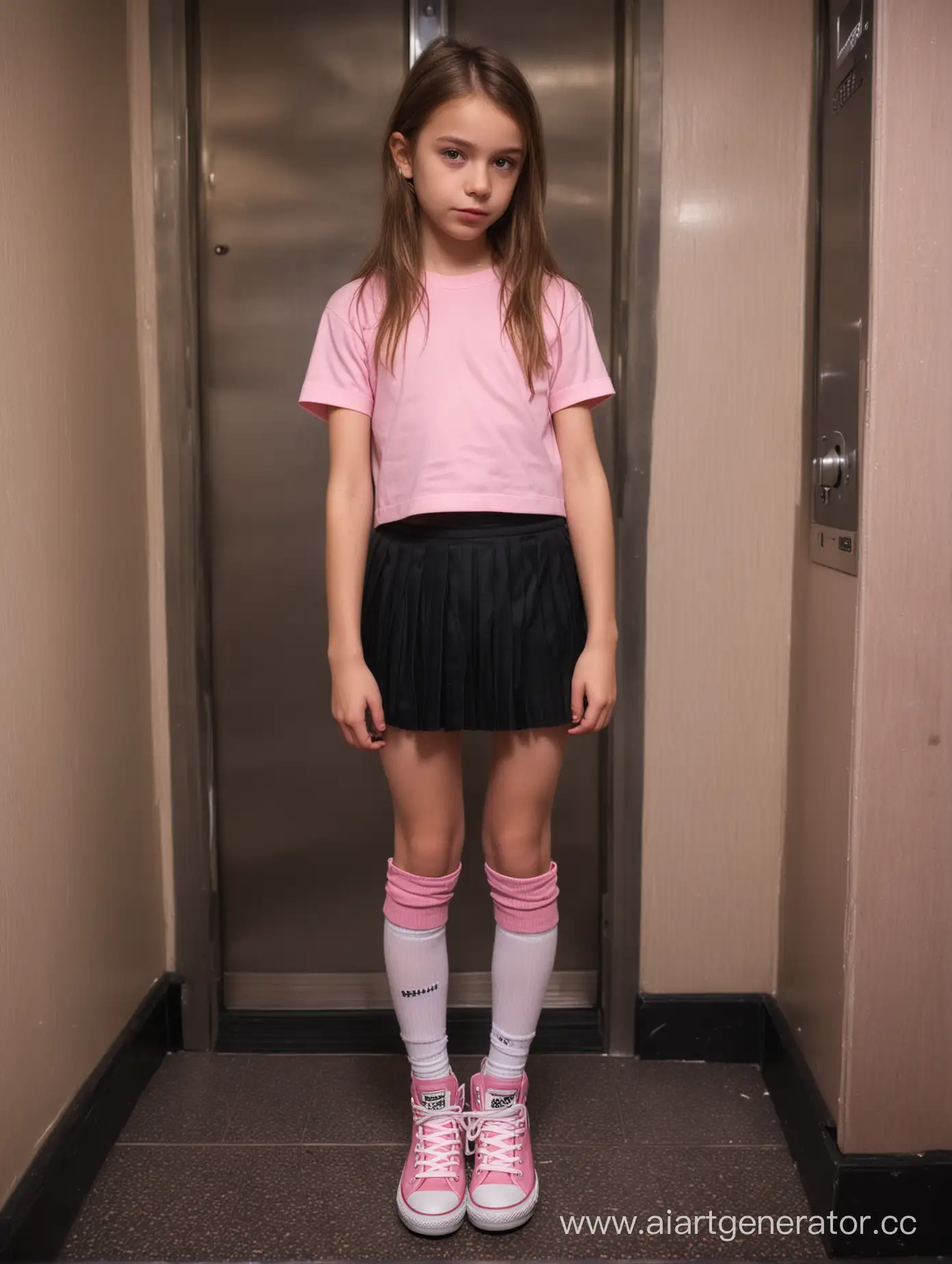Extremely skinny little girl, 12 years old, crop top, pleated mini skirt, mixed pink and white colors knee above high socks, mini converse shoes, in the elevator, very low light, sad, soft eyes, pursing lips, from above, close up, slim pink lips, 