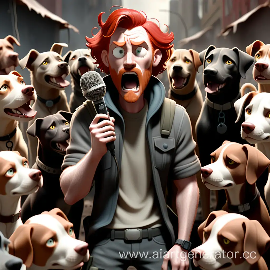 рыжий мужик с микрофоном в руке вокруг своры собак посреди апокалиптического мира