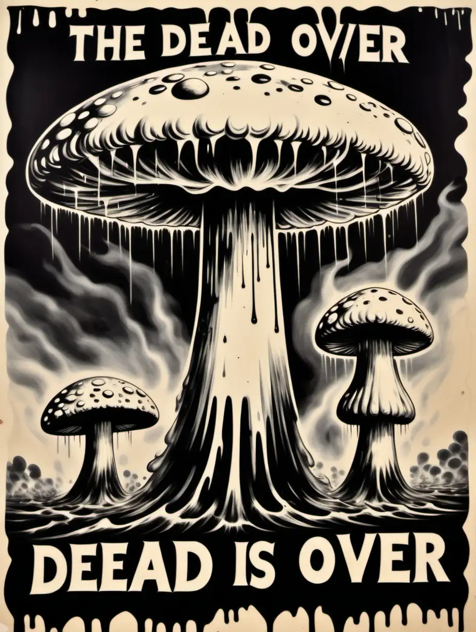 ancient hand painted protest poster, 1 on the left, two on the right mushroom nuclear cloud very wet and drippy, asymmetrical black lightening, 1960s mod look, with the text "THE DEAD CULT IS OVER",