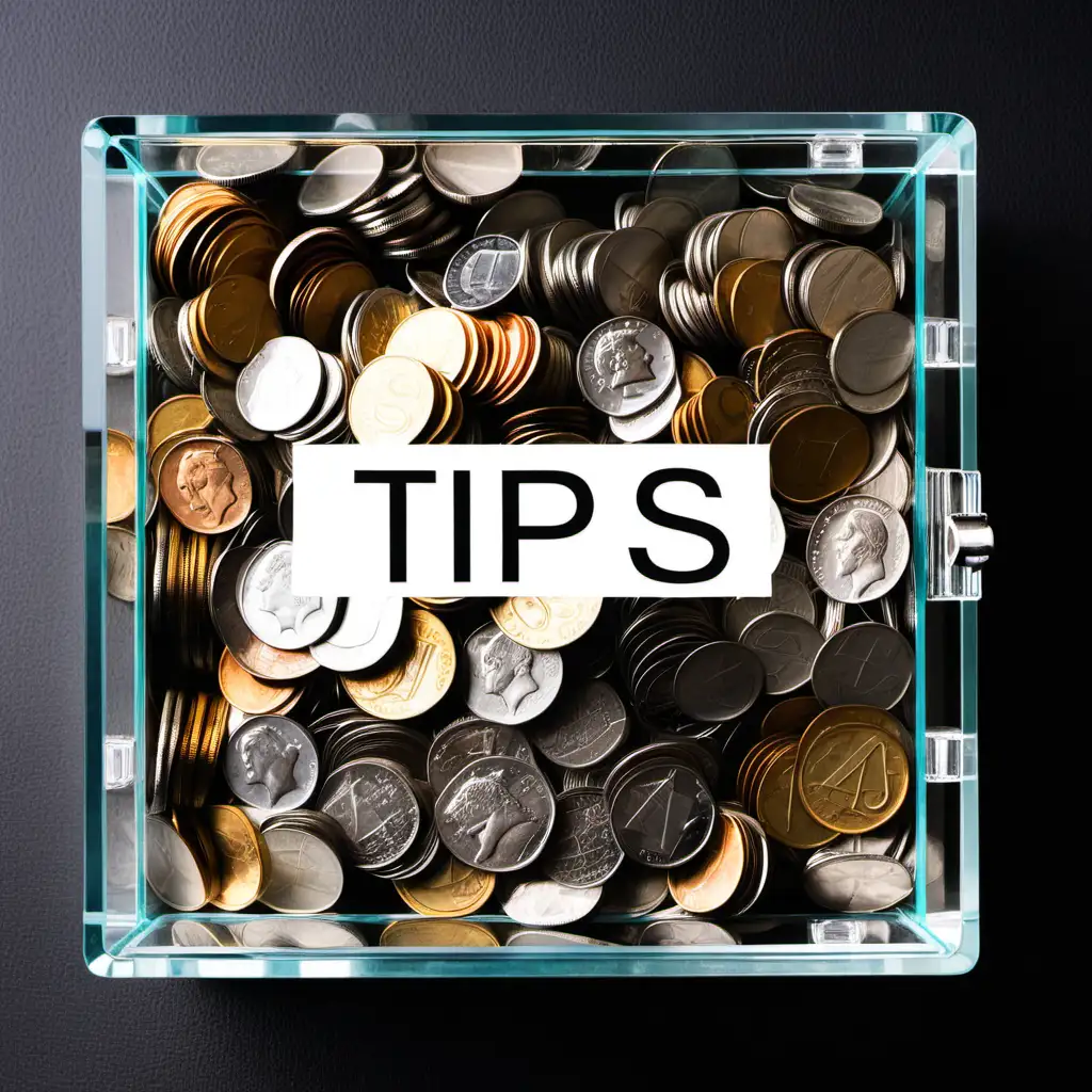 square glass box overflowing with coins. box labeled "Tips"